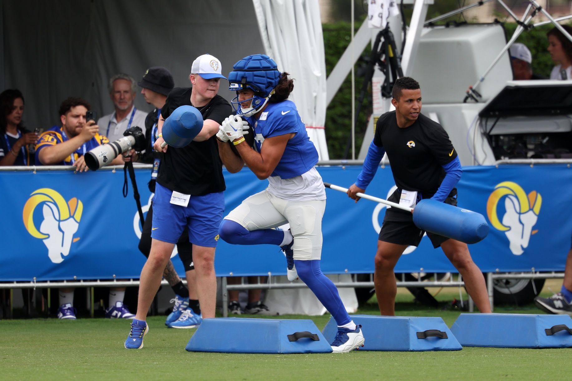 Los Angeles Rams wide receiver Puka Nacua (17) participates in drills during training camp at Loyola Marymount University.