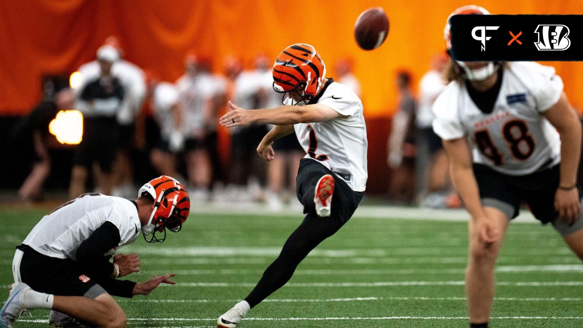 Cincinnati Bengals kicker Evan McPherson (2) kicks a field goal at Bengals spring practice at the IEL Indoor Facility in Cincinnati on Tuesday, June 11, 2024