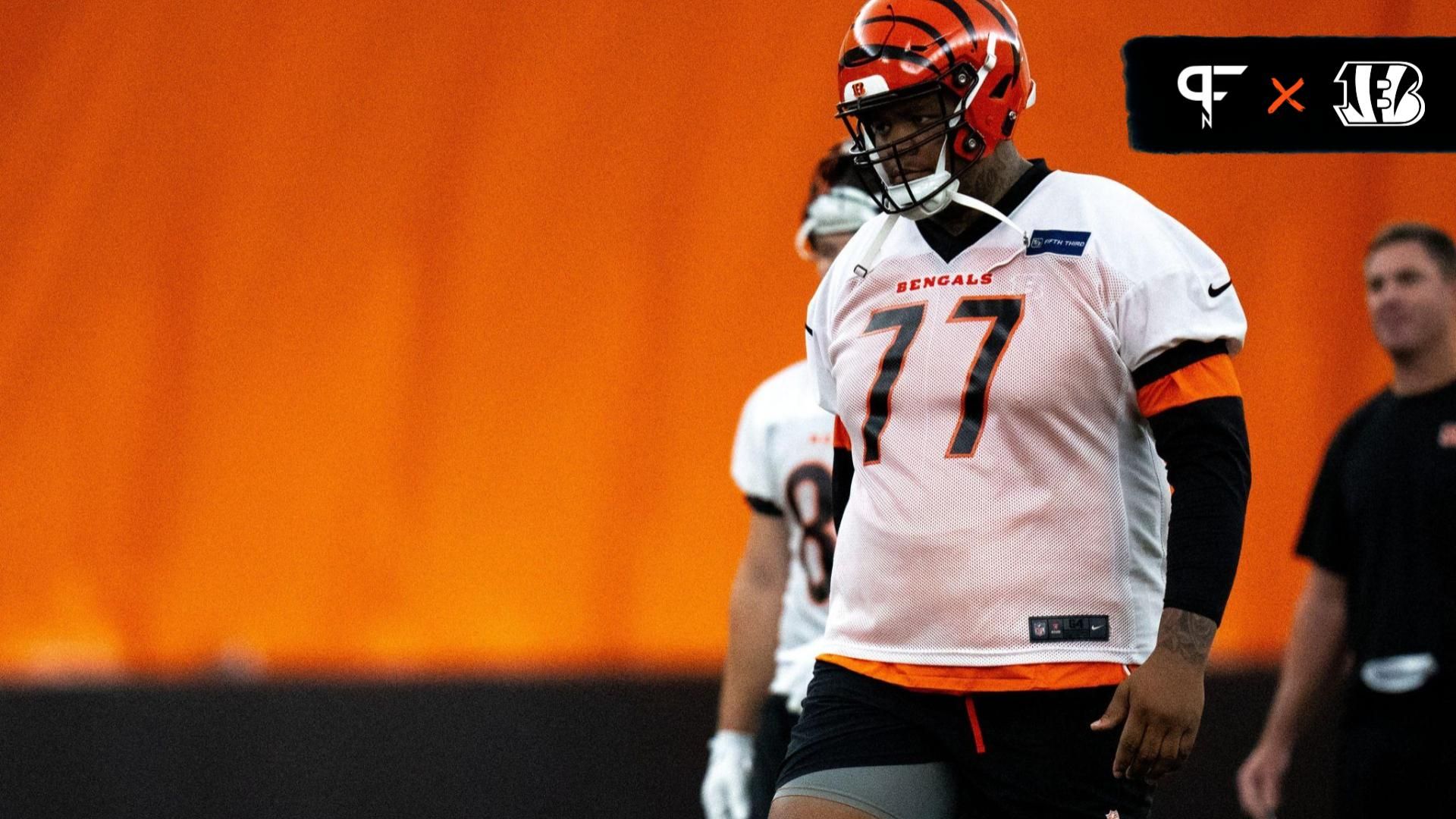 Cincinnati Bengals OT Trent Brown (77) walks on to the practice field.