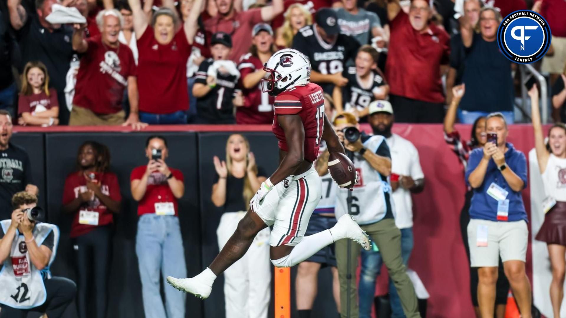 South Carolina Gamecocks wide receiver Xavier Legette (17) scores on a 76-yard touchdown reception against the Mississippi State Bulldogs in the first half at Williams-Brice Stadium.