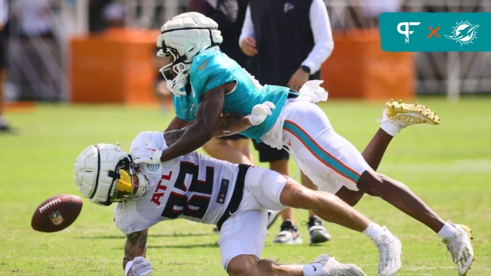 Atlanta Falcons wide receiver Casey Washington (82) battles for a pass against Miami Dolphins cornerback Kader Kohou (4) during a joint practice at Baptist Health Training Complex. Mandatory Credit: Sam Navarro-USA TODAY Sports