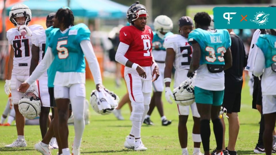 Atlanta Falcons quarterback Michael Penix Jr. (9) looks on during a joint practice with the Miami Dolphins at Baptist Health Training Complex. Mandatory Credit: Sam Navarro-USA TODAY Sports