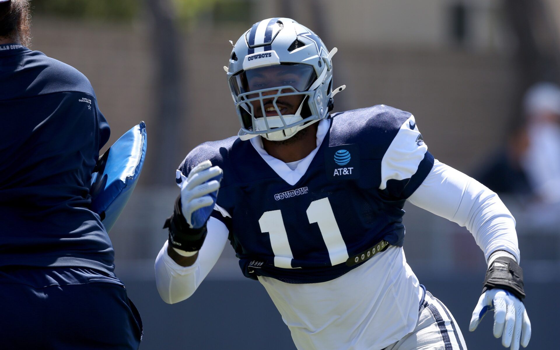 Dallas Cowboys linebacker Micah Parsons (11) runs a drill during training camp at the River Ridge Playing Fields in Oxnard, California. Mandatory Credit: Jason Parkhurst-USA TODAY Sports