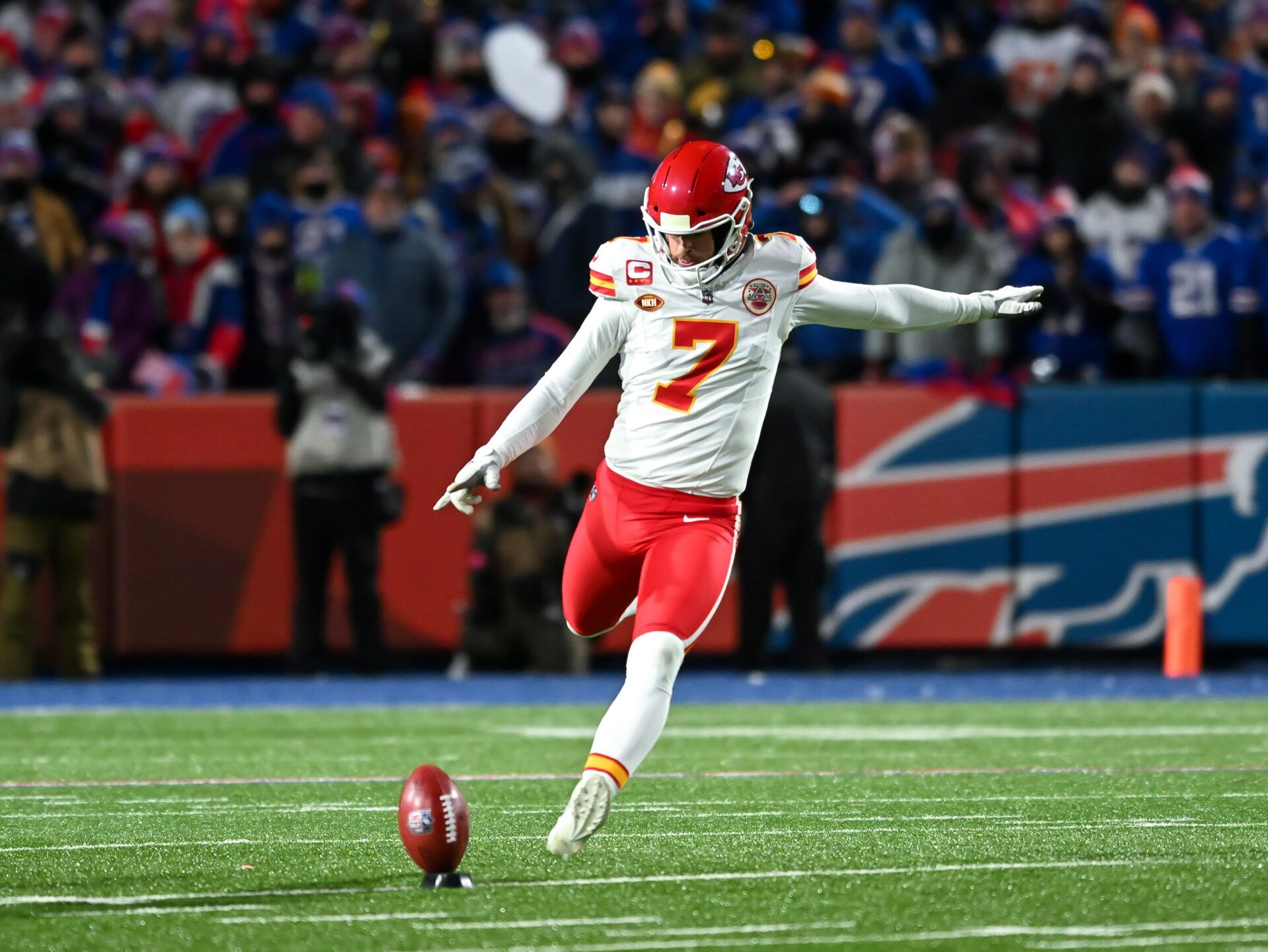 Jan 21, 2024; Orchard Park, New York, USA; Kansas City Chiefs place kicker Harrison Butker (7) in motion for a kickoff in the first half of a 2024 AFC divisional round game against the Buffalo Bills at Highmark Stadium. Mandatory Credit: Mark Konezny-USA TODAY Sports