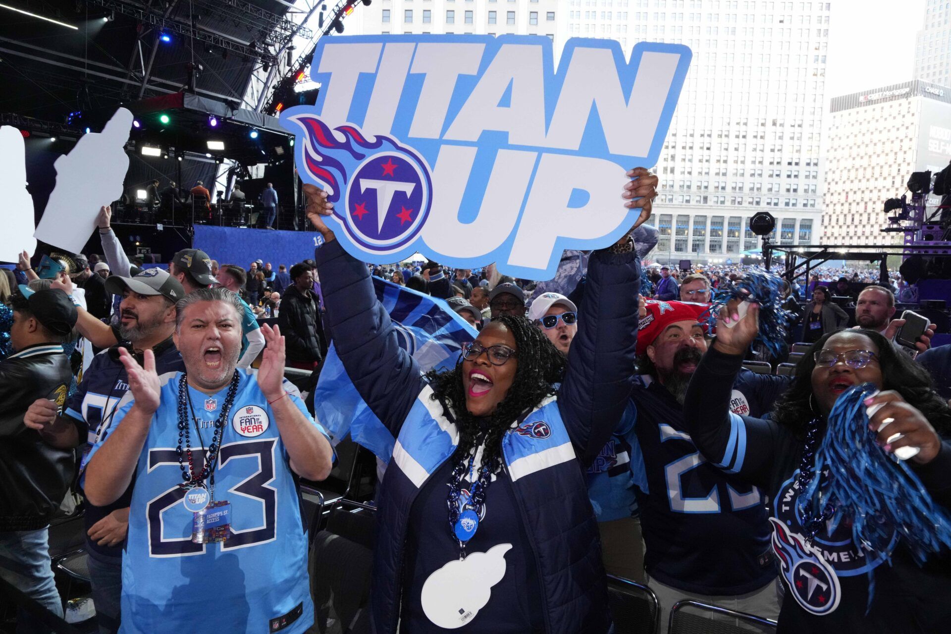 Tennessee Titans fans react during the 2024 NFL Draft at Campus Martius Park and Hart Plaza. Mandatory Credit: Kirby Lee-USA TODAY Sports