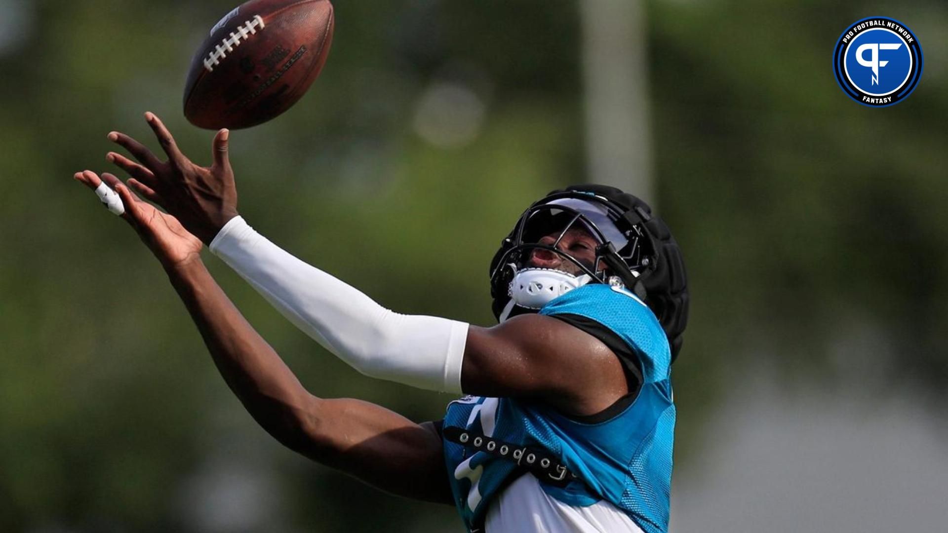 Jacksonville Jaguars wide receiver Brian Thomas Jr. (7) hauls in a reception during the seventh day of an NFL football training camp practice Wednesday, July 31, 2024 at EverBank Stadium’s Miller Electric Center in Jacksonville, Fla.