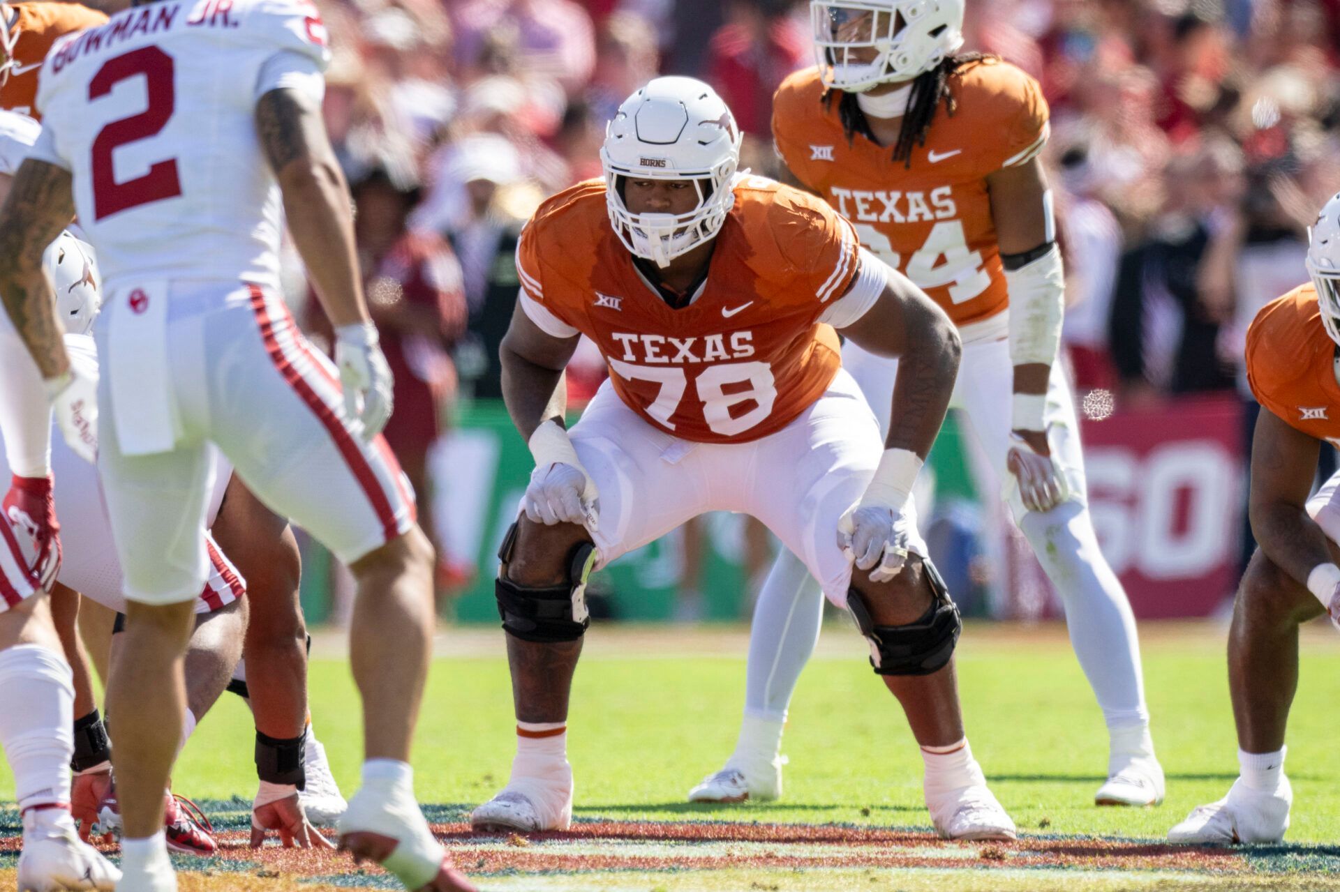 Oct 7, 2023; Dallas, Texas, USA; Texas Longhorns offensive lineman Kelvin Banks Jr. (78) in action during the game between the Texas Longhorns and the Oklahoma Sooners at the Cotton Bowl. Mandatory Credit: Jerome Miron-USA TODAY Sports