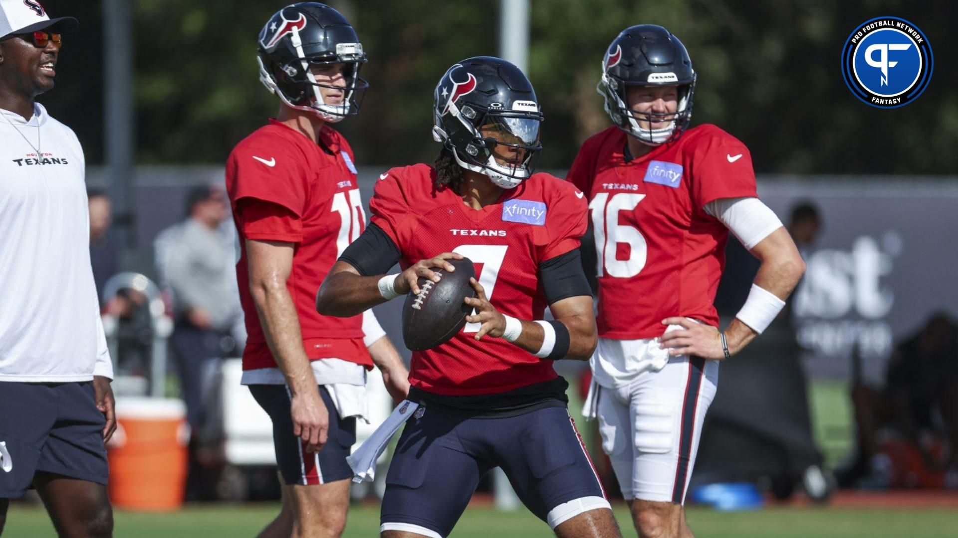 Houston Texans quarterback C.J. Stroud (7) during training camp at Houston Methodist Training Center. Where does he land in our redraft mock draft?