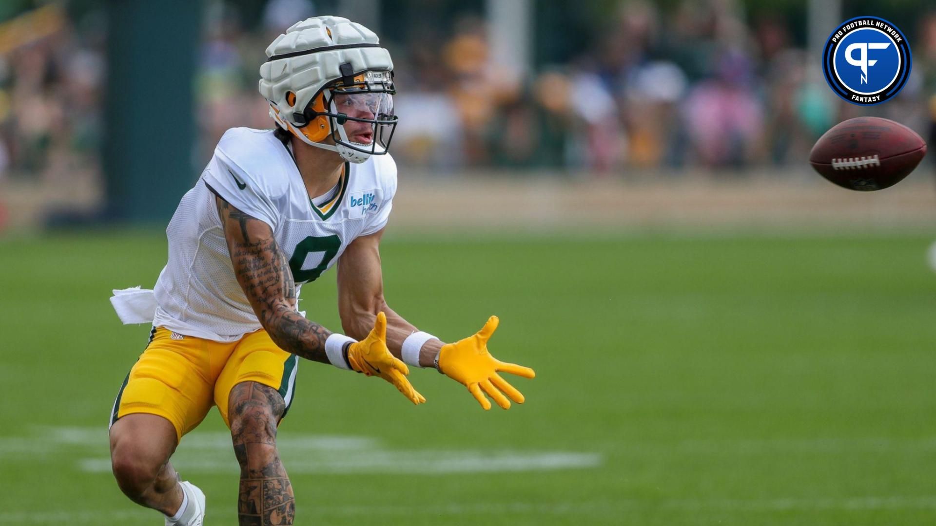 Green Bay Packers wide receiver Christian Watson (9) catches a pass during the 12th practice of training camp on Tuesday, August 6, 2024, at Ray Nitschke Field in Ashwaubenon, Wis. Tork Mason/USA TODAY NETWORK-Wisconsin