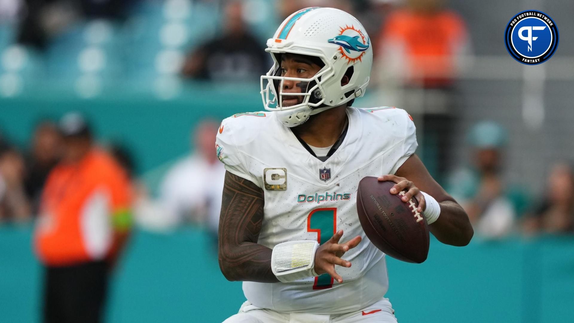 Miami Dolphins quarterback Tua Tagovailoa (1) attempts a pass against the Las Vegas Raiders during the second half at Hard Rock Stadium. Mandatory Credit: Jasen Vinlove-USA TODAY Sports