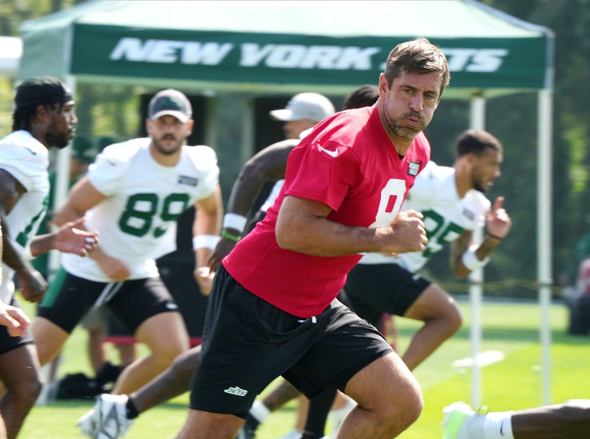 Quarterback, Aaron Rodgers during New York Jets training camp this morning.