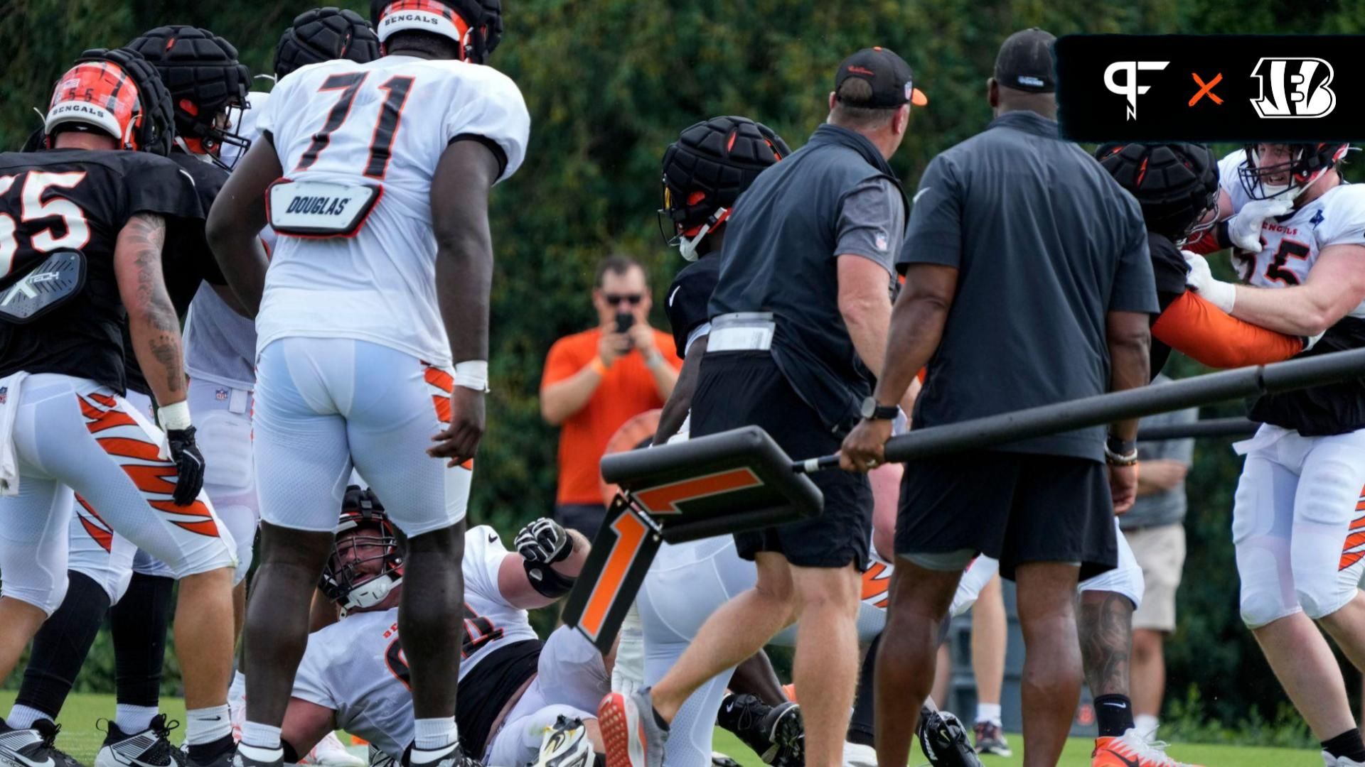 A scuffle breaks out during a preseason training camp practice at the Paycor Stadium practice field in downtown Cincinnati on Wednesday, Aug. 7, 2024.