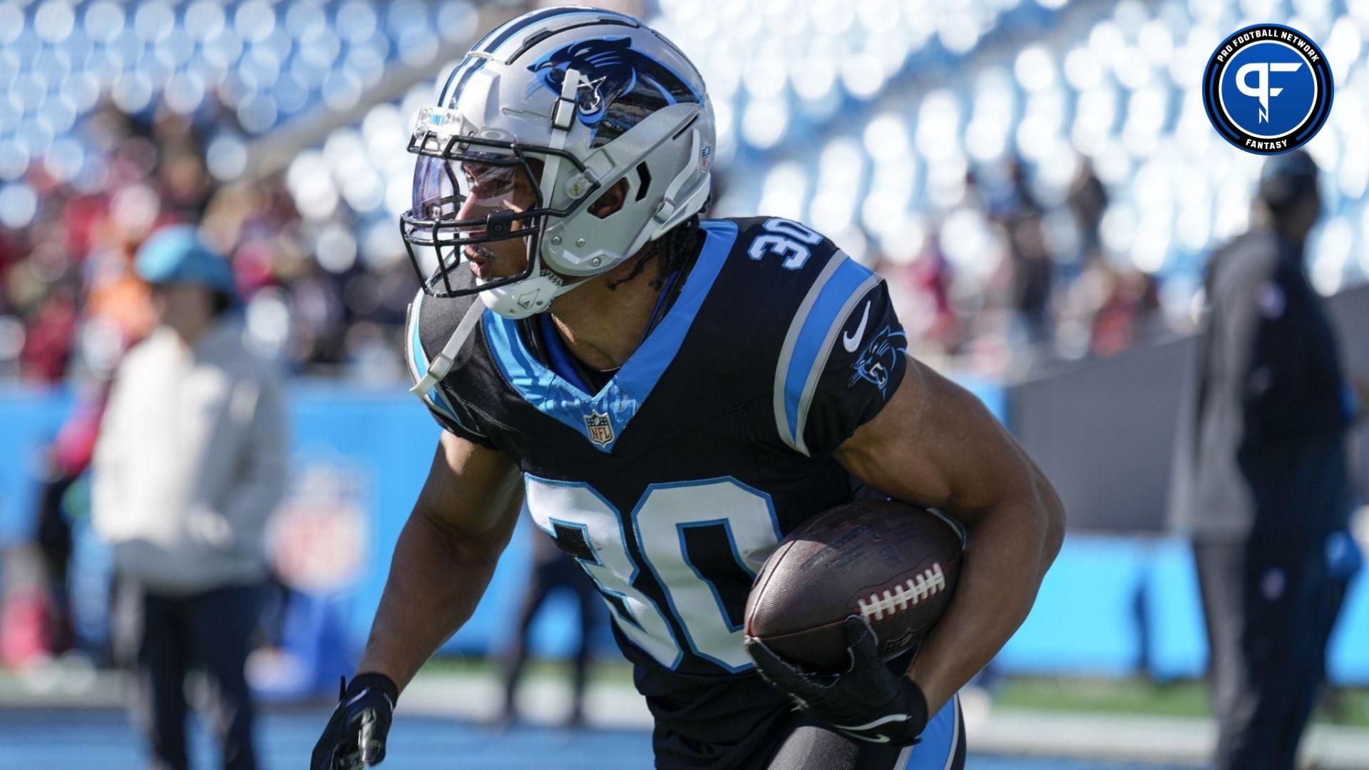 Carolina Panthers running back Chuba Hubbard (30) during pregame warm ups against the Tampa Bay Buccaneers at Bank of America Stadium. Mandatory Credit: Jim Dedmon-USA TODAY Sports