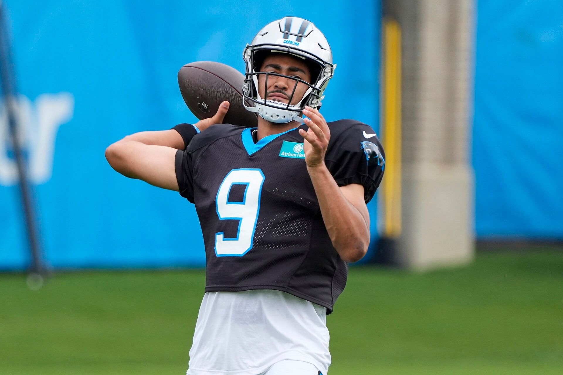 Jul 30, 2024; Charlotte, NC, USA; Carolina Panthers quarterback Bryce Young (9) throws during training camp at Carolina Panthers Practice Fields. Mandatory Credit: Jim Dedmon-USA TODAY Sports