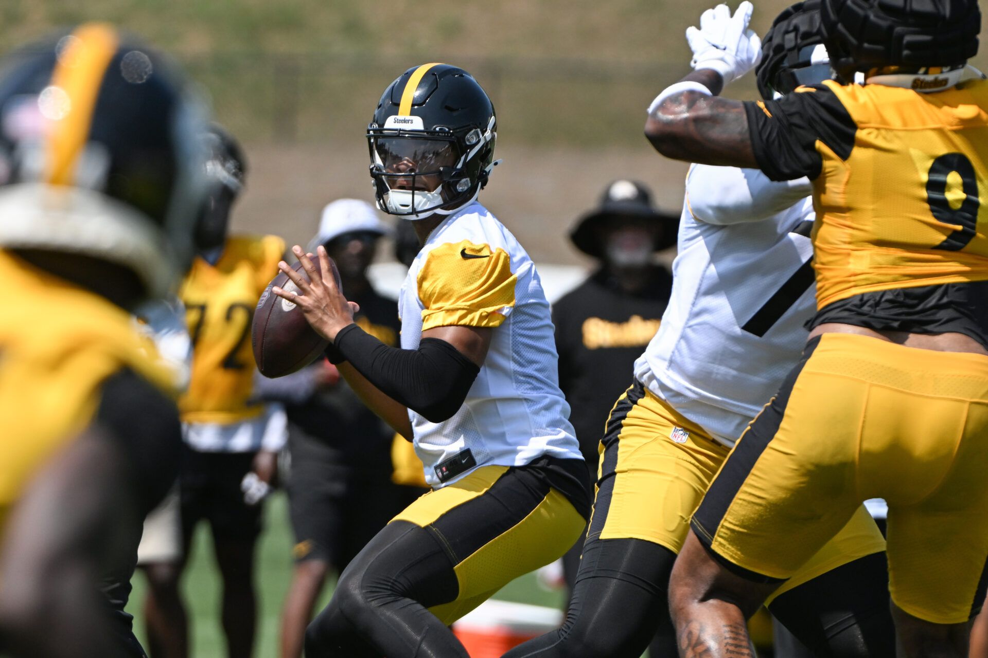 Jul 28, 2024; Latrobe, PA, USA; Pittsburgh Steelers quarterback Justin Fields participates in drills during training camp at Saint Vincent College. Mandatory Credit: Barry Reeger-USA TODAY Sports