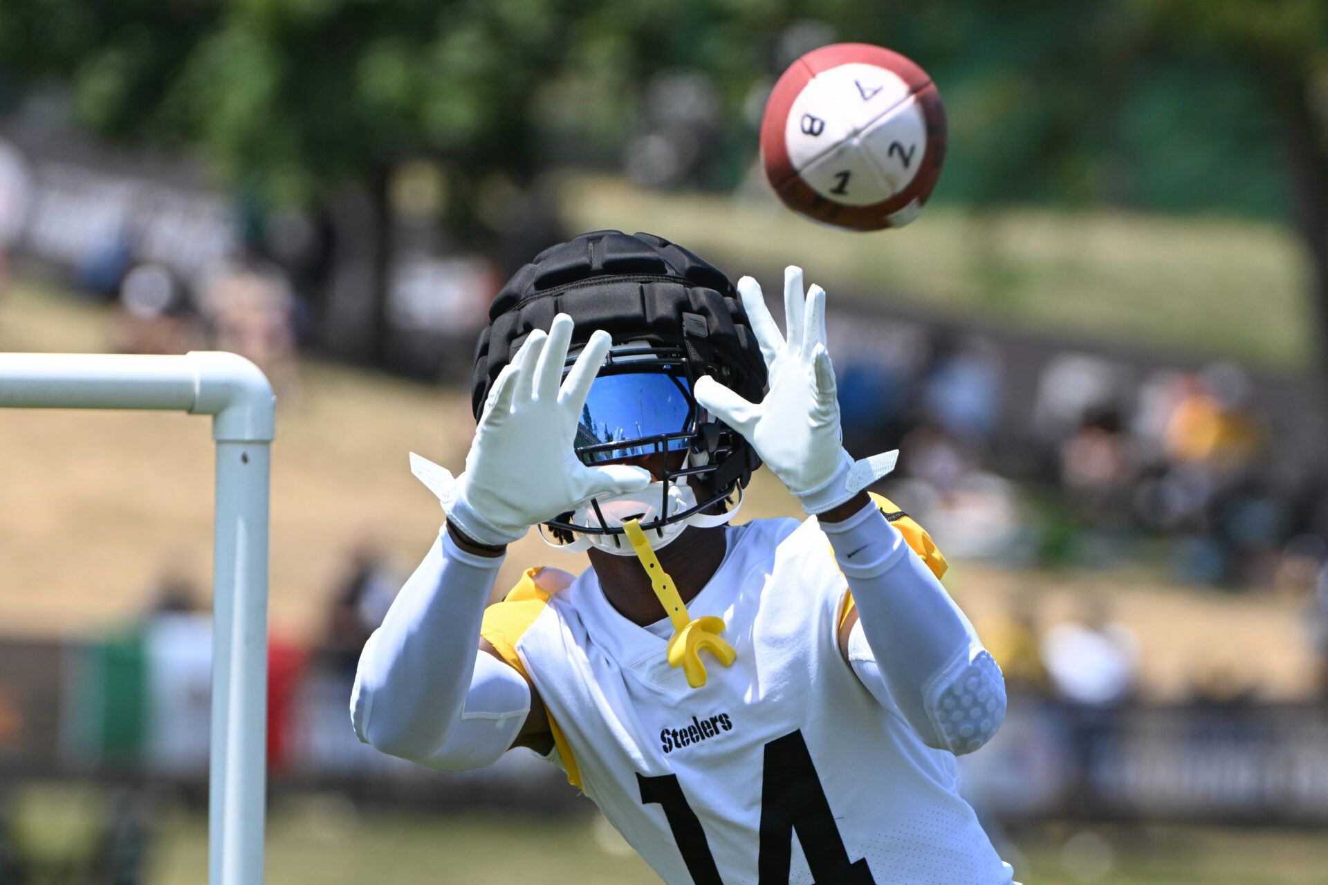Jul 28, 2024; Latrobe, PA, USA; Pittsburgh Steelers wide receiver George Pickens (14) participates in drills during training camp at Saint Vincent College. Mandatory Credit: Barry Reeger-USA TODAY Sports