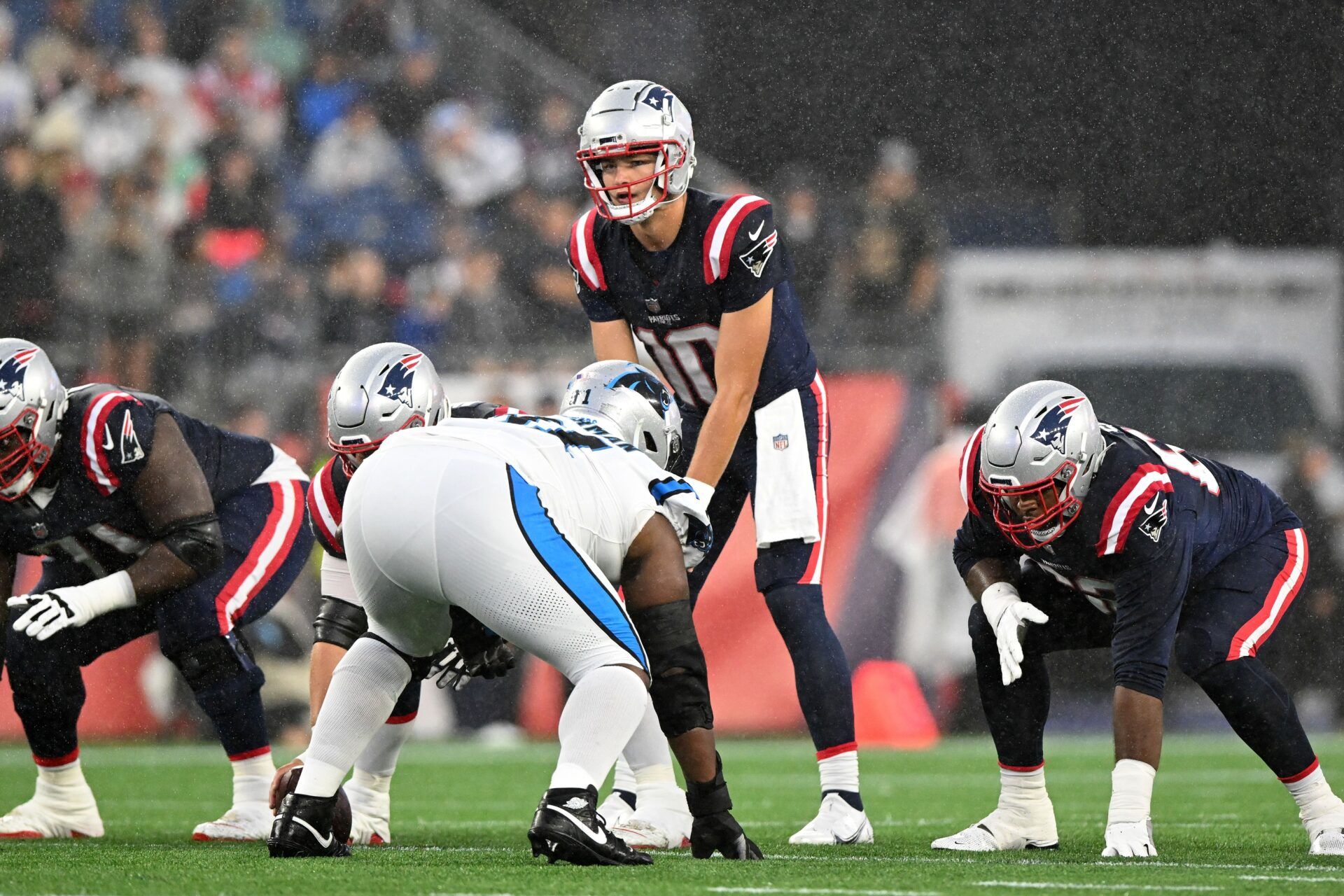 New England Patriots quarterback Drake Maye (10) lines up against the Carolina Panthers during the first half at Gillette Stadium. Mandatory Credit: Brian Fluharty-USA TODAY Sports