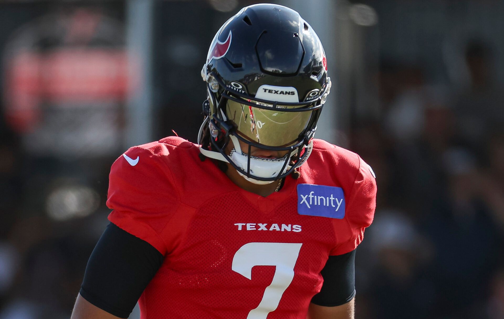 Jul 29, 2024; Houston, TX, USA; Houston Texans quarterback C.J. Stroud (7) during training camp at Houston Methodist Training Center. Mandatory Credit: Troy Taormina-USA TODAY Sports