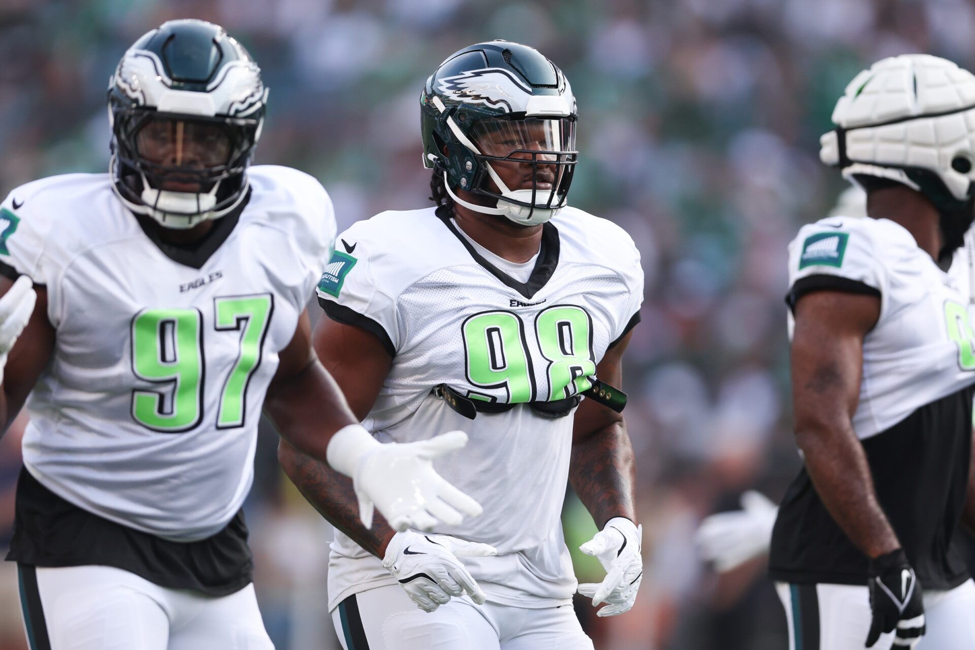 Philadelphia Eagles defensive tackle Jalen Carter (98) during a training camp practice at Lincoln Financial Field.