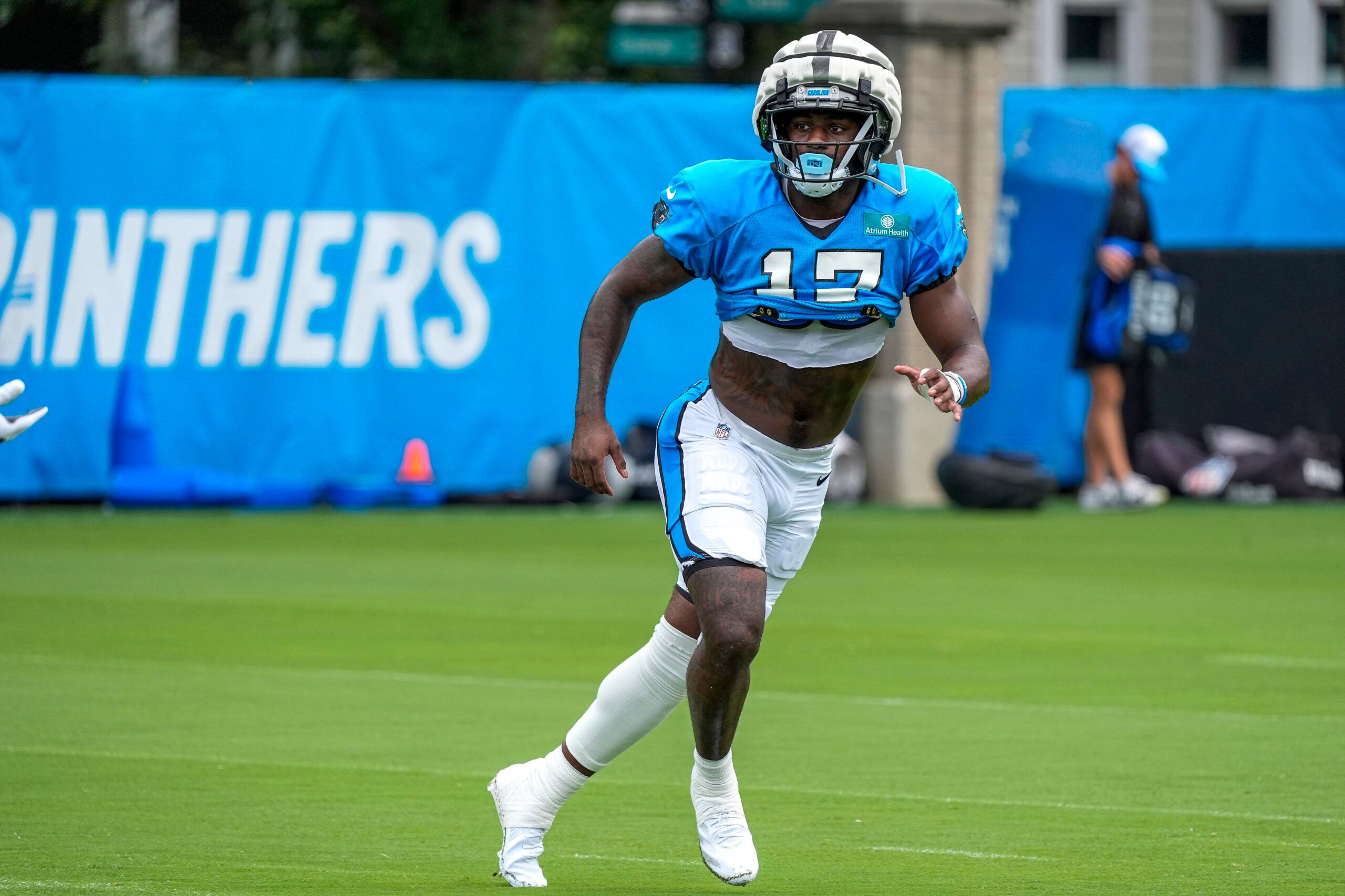 Jul 30, 2024; Charlotte, NC, USA; Carolina Panthers wide receiver Xavier Legette (17) runs a route during training camp at Carolina Panthers Practice Fields. Mandatory Credit: Jim Dedmon-USA TODAY Sports