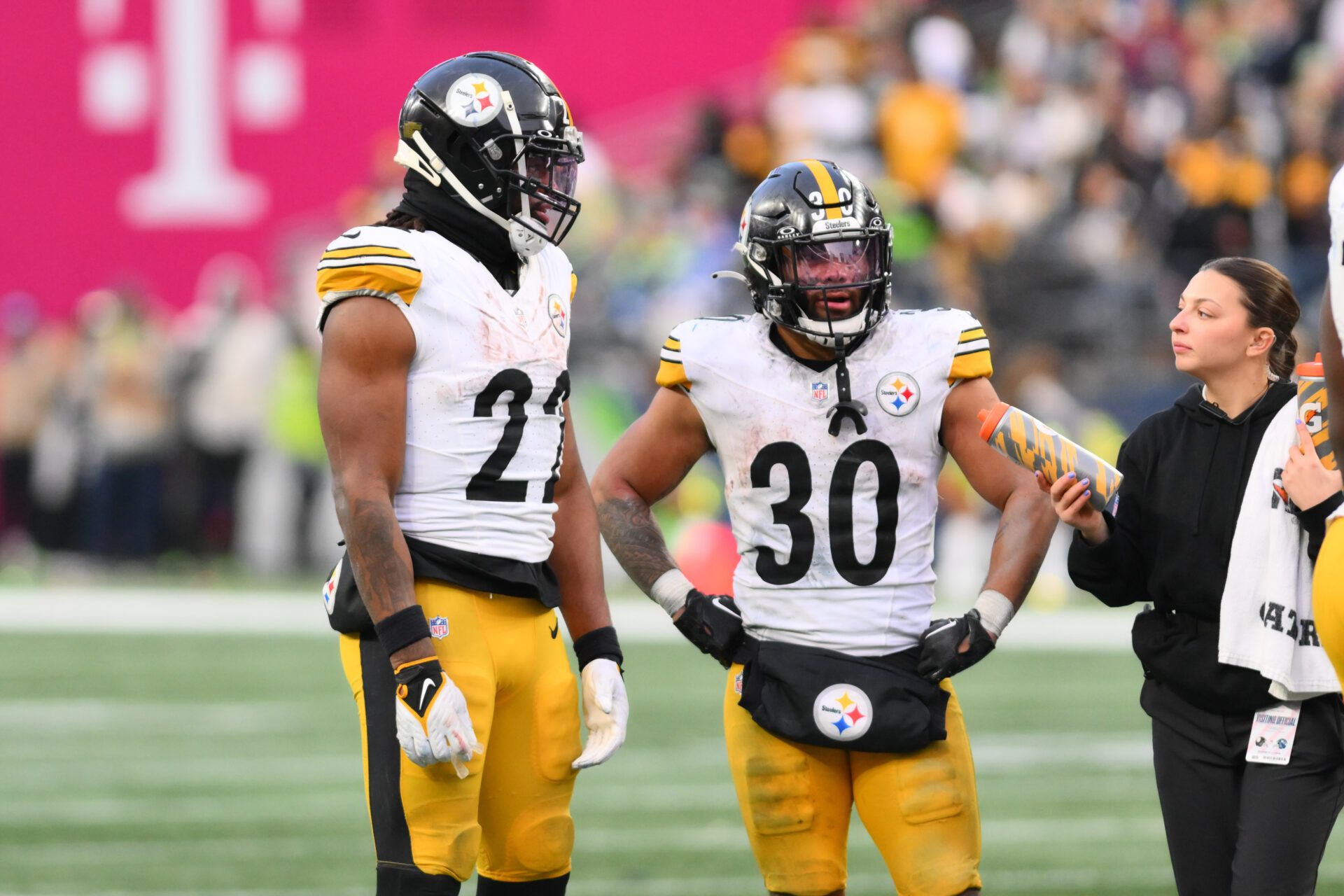 Pittsburgh Steelers running back Najee Harris (22) and Pittsburgh Steelers running back Jaylen Warren (30) during the second half against the Seattle Seahawks at Lumen Field.