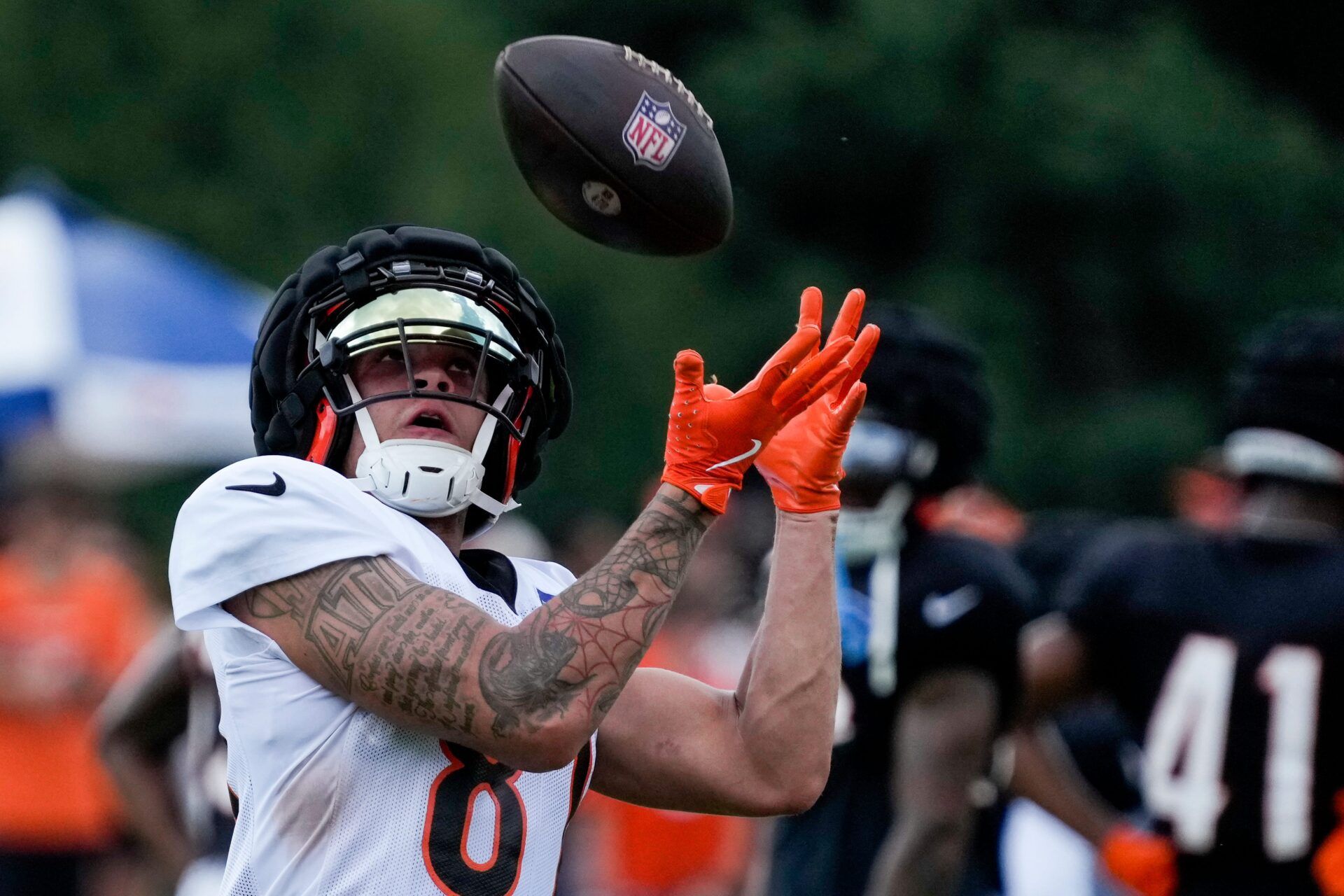 Cincinnati Bengals wide receiver Jermaine Burton (81) catches a pass during a preseason training camp practice at the Paycor Stadium practice field in downtown Cincinnati on Wednesday, Aug. 7, 2024.