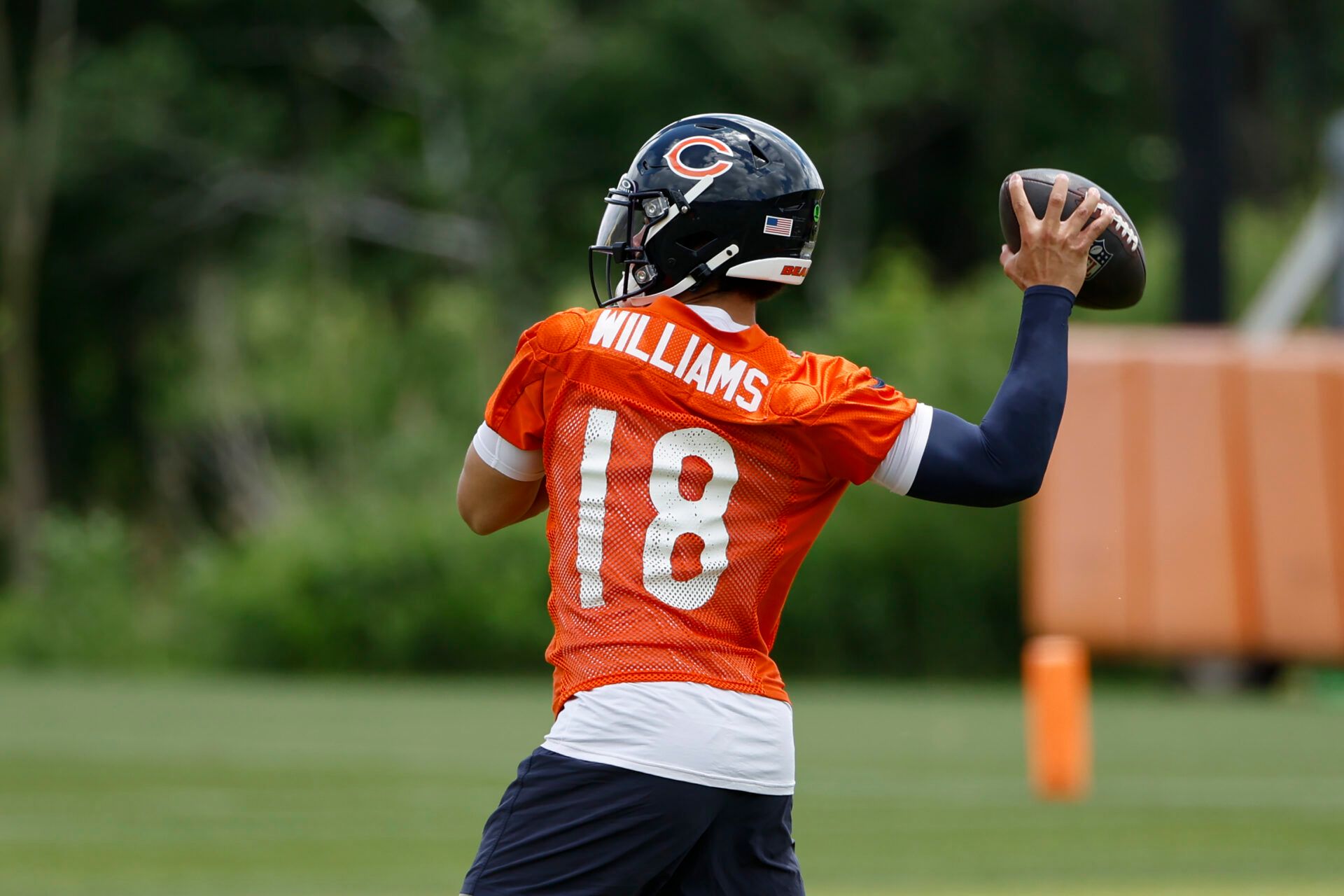 Jun 5, 2024; Lake Forest, IL, USA; Chicago Bears quarterback Caleb Williams (18) looks to pass the ball during the team's minicamp at Halas Hall. Mandatory Credit: Kamil Krzaczynski-USA TODAY Sports