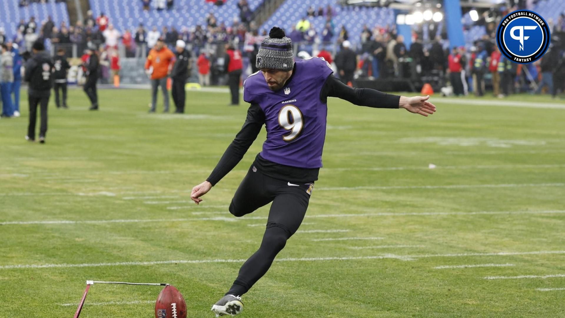 Baltimore Ravens place kicker Justin Tucker (9) warms up prior to the AFC Championship football game against the Kansas City Chiefs at M&T Bank Stadium. Fantasy rankings