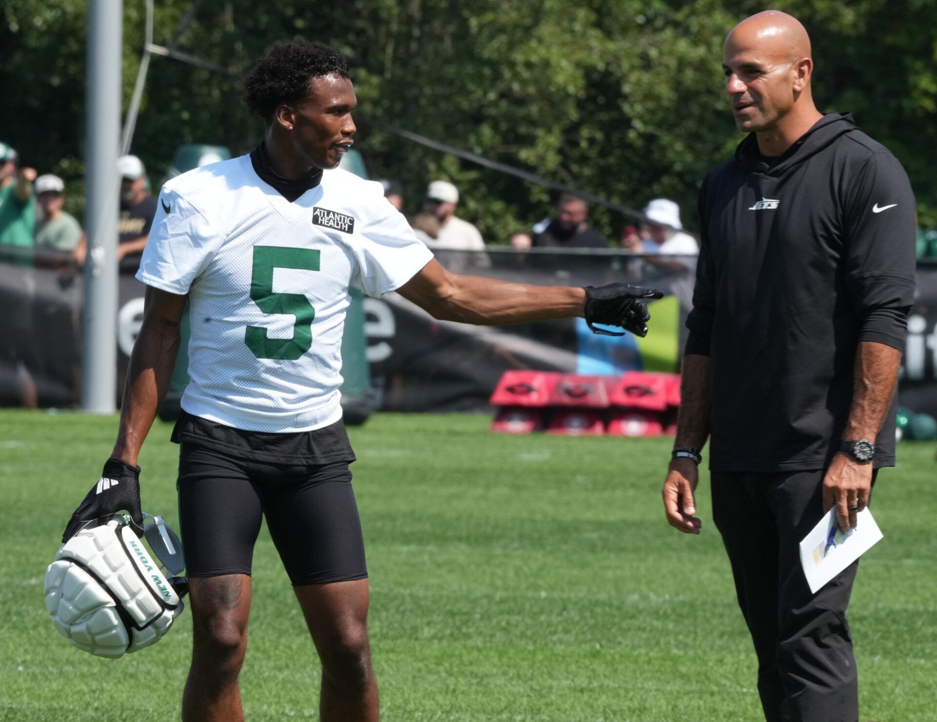 Wide receiver, Garrett Wilson and head coach Robert Saleh during the New York Jets training camp this morning.