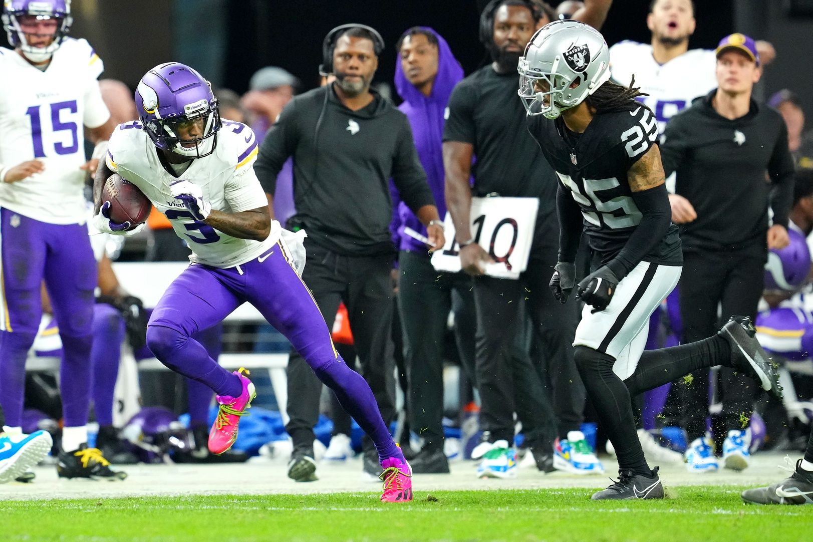 Minnesota Vikings wide receiver Jordan Addison (3) gains yardage against the Las Vegas Raiders during the fourth quarter at Allegiant Stadium. Mandatory Credit: Stephen R. Sylvanie-USA TODAY Sports