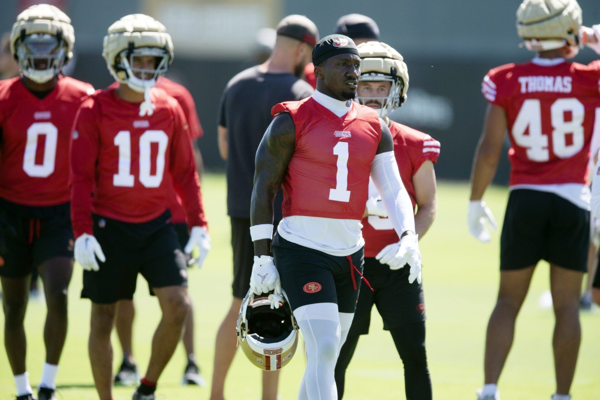 San Francisco 49ers wide receivers move to their next station during Day 4 of training camp at SAP Performance Facility. Mandatory Credit: D. Ross Cameron-USA TODAY Sports