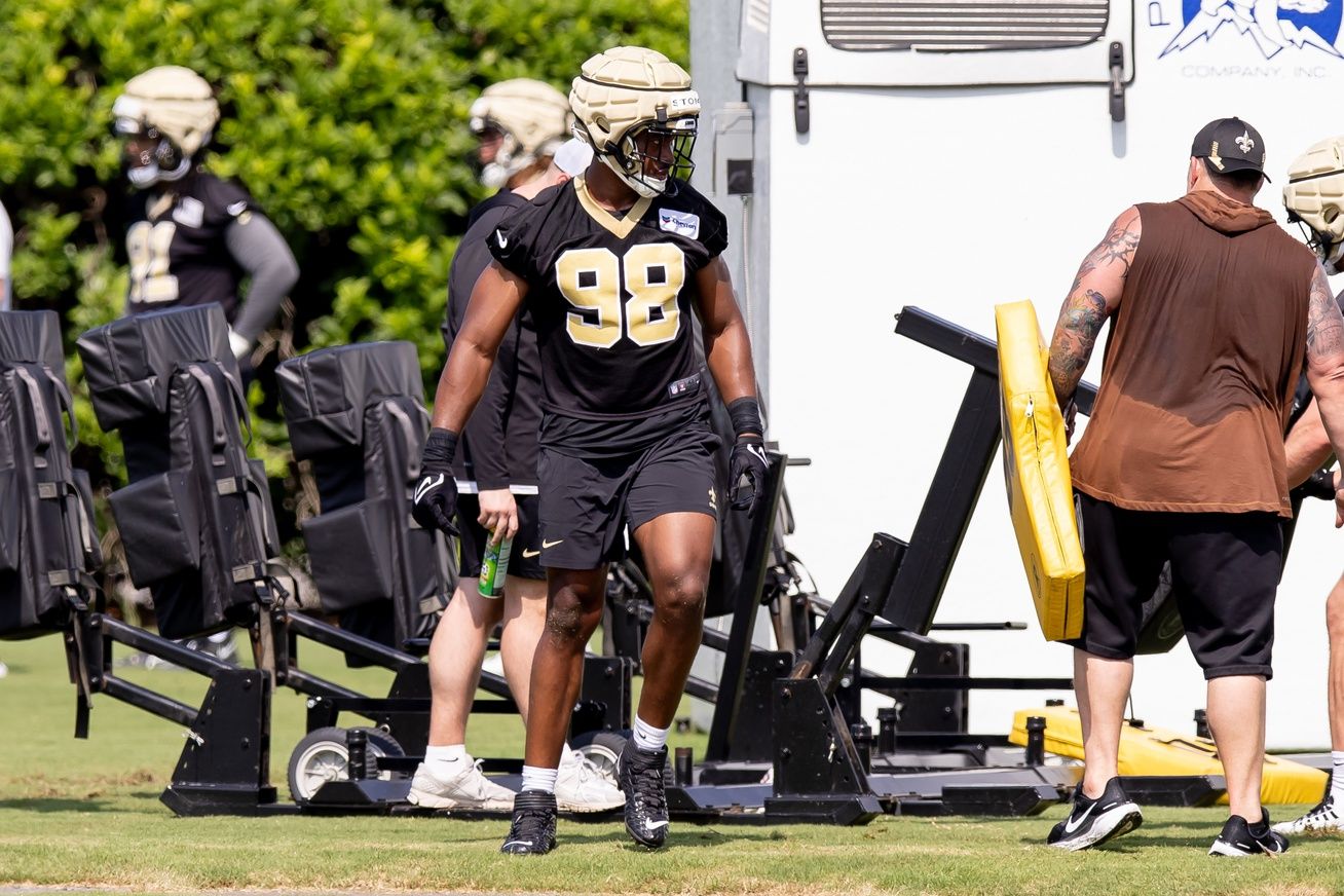 New Orleans Saints defensive end Roje Stona (98) looks on during the rookie minicamp at the Ochsner Sports Performance Center. Mandatory Credit: Stephen Lew-USA TODAY Sports