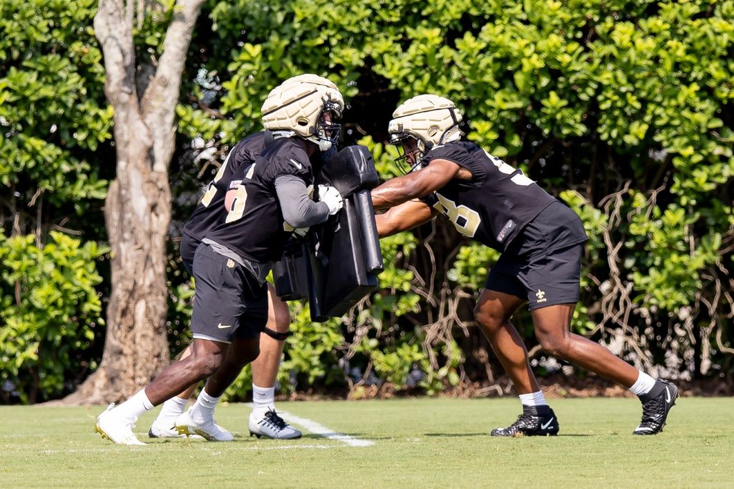 New Orleans Saints defensive end Roje Stona (98) and defensive end Richard Jibunor (96) run drills during the rookie minicamp at the Ochsner Sports Performance Center. Mandatory Credit: Stephen Lew-USA TODAY Sports