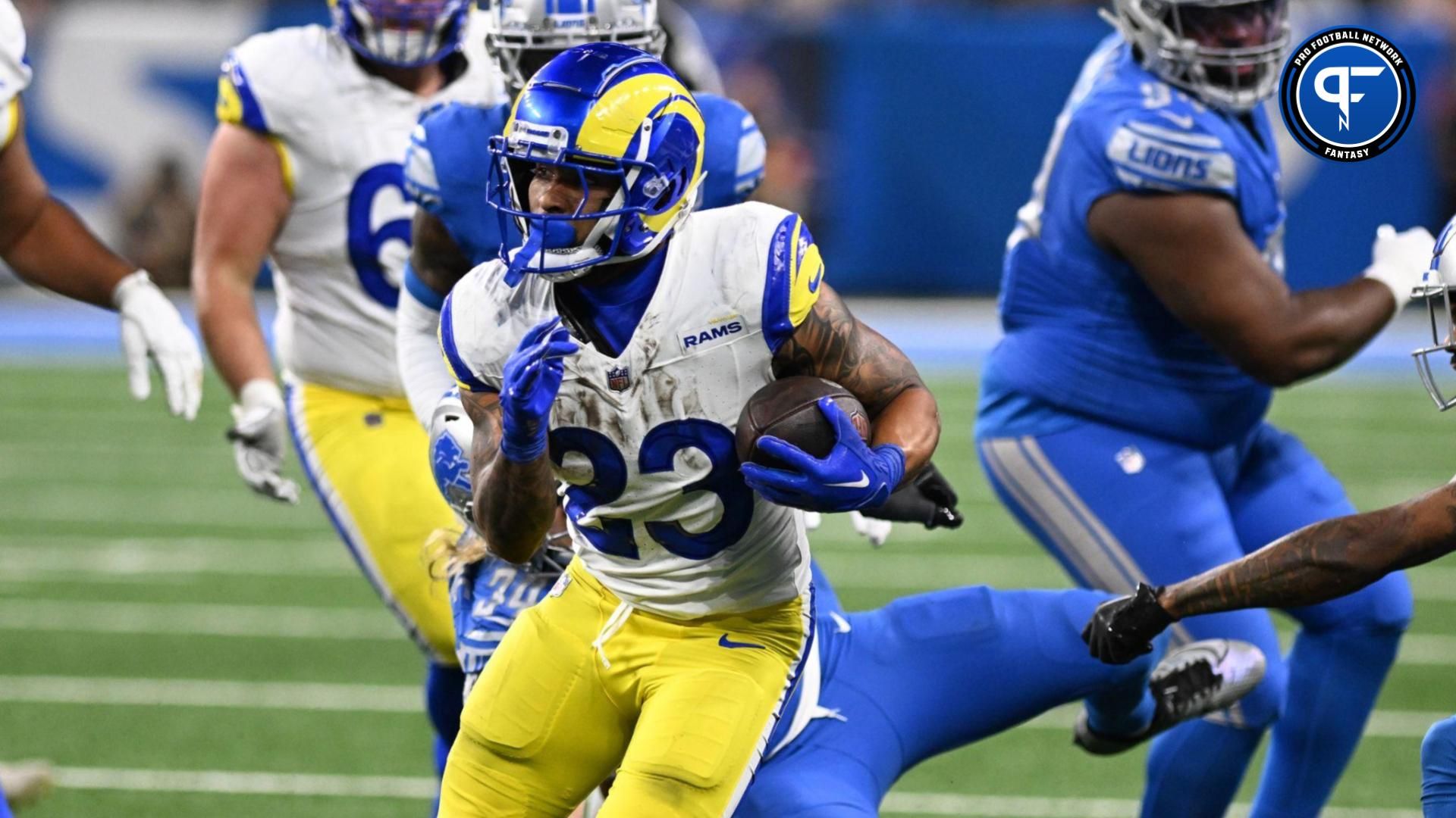 Los Angeles Rams running back Kyren Williams (23) runs during the second half of a 2024 NFC wild card game against the Detroit Lions at Ford Field. Mandatory Credit: Lon Horwedel-USA TODAY Sports