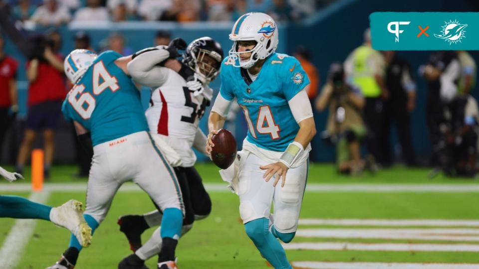 Miami Dolphins quarterback Mike White (14) runs with the football against the Atlanta Falcons during the fourth quarter at Hard Rock Stadium. Mandatory Credit: Sam Navarro-USA TODAY Sports