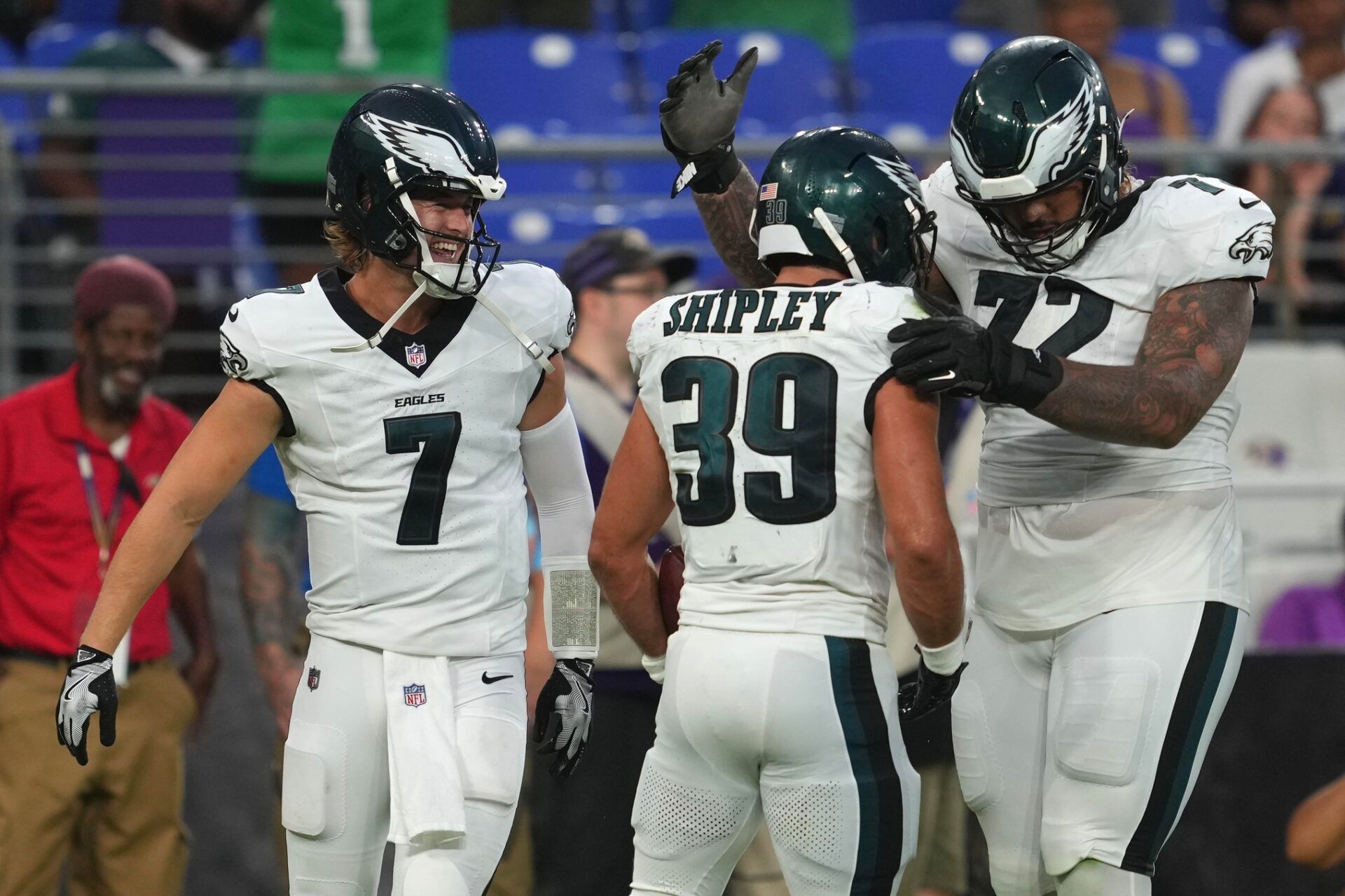 Philadelphia Eagles running back Will Shipley (39) celebrates his first quarter touchdown with quarterback Kenny Pickett (7) and tackle Darian Kinnard (72) against the Baltimore Ravens at M&T Bank Stadium. Mandatory Credit: Mitch Stringer-USA TODAY Sports