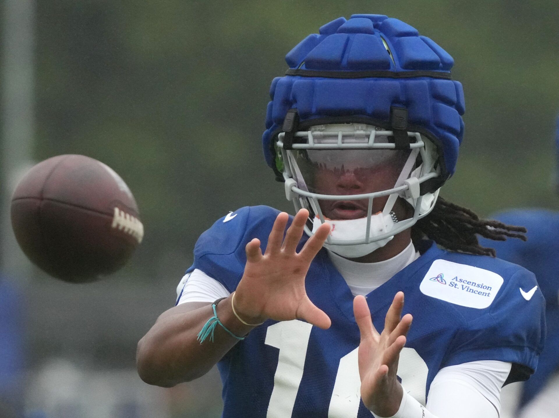 Indianapolis Colts wide receiver Adonai Mitchell (10) catches the ball during the Colts’ training camp Wednesday, Aug. 7, 2024, at Grand Park Sports Complex in Westfield. © Christine Tannous/IndyStar / USA TODAY NETWORK