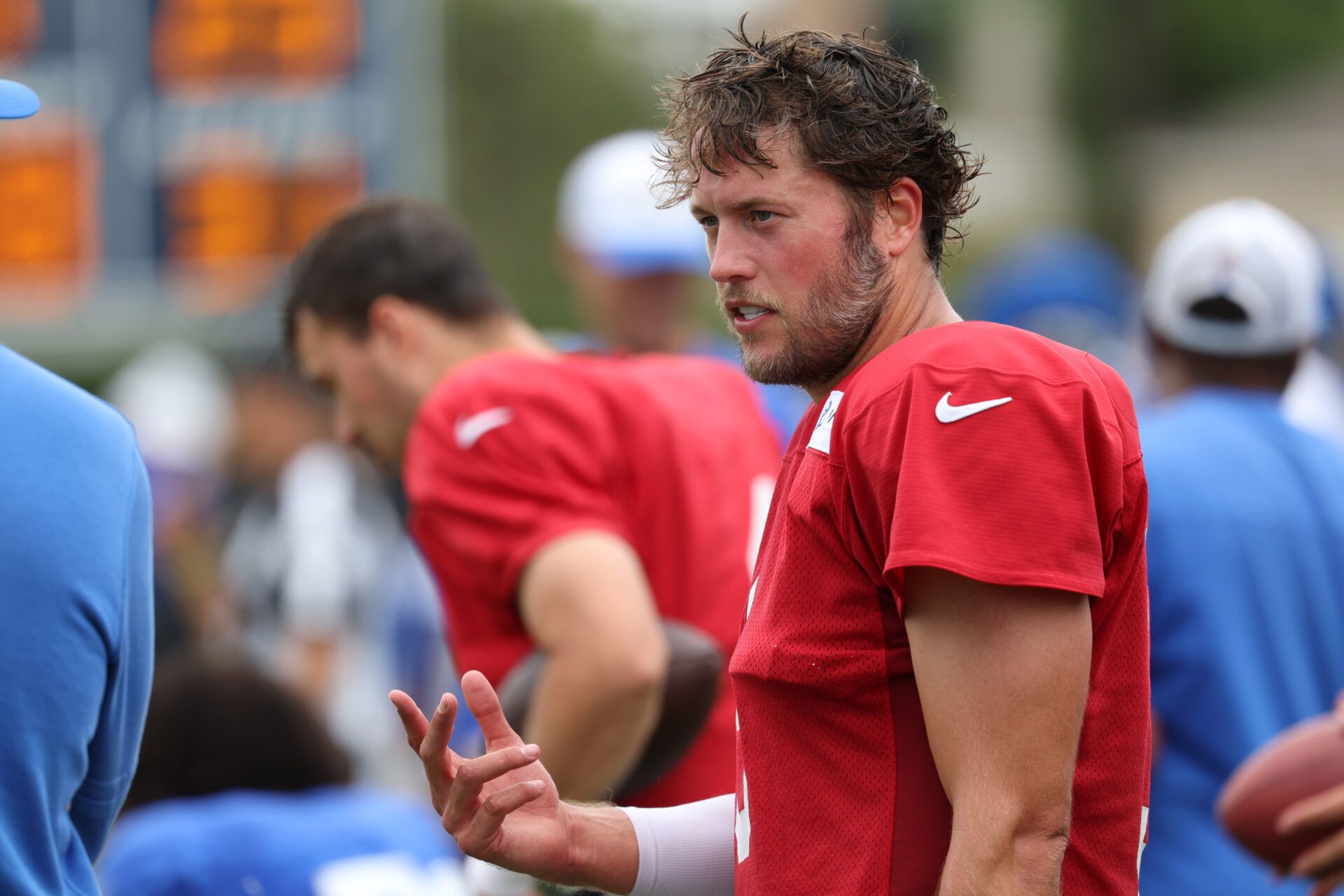Aug 1, 2024; Los Angeles, CA, USA; Los Angeles Rams quarterback Matthew Stafford (9) stands on a sideline during training camp at Loyola Marymount University. Mandatory Credit: Kiyoshi Mio-USA TODAY Sports