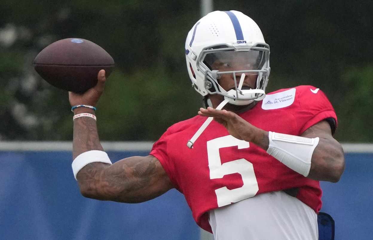Indianapolis Colts quarterback Anthony Richardson (5) throws the ball during the Colts’ training camp Wednesday, Aug. 7, 2024, at Grand Park Sports Complex in Westfield.