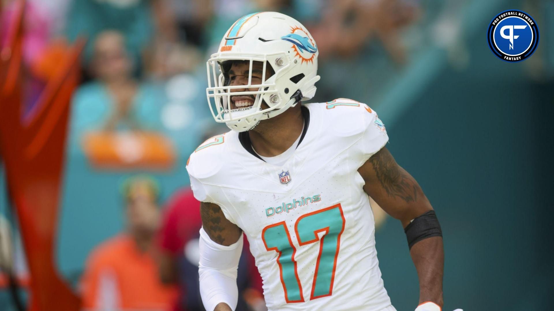 Miami Dolphins wide receiver Jaylen Waddle (17) takes on the field prior to the game against the New York Giants at Hard Rock Stadium. Mandatory Credit: Sam Navarro-USA TODAY Sports