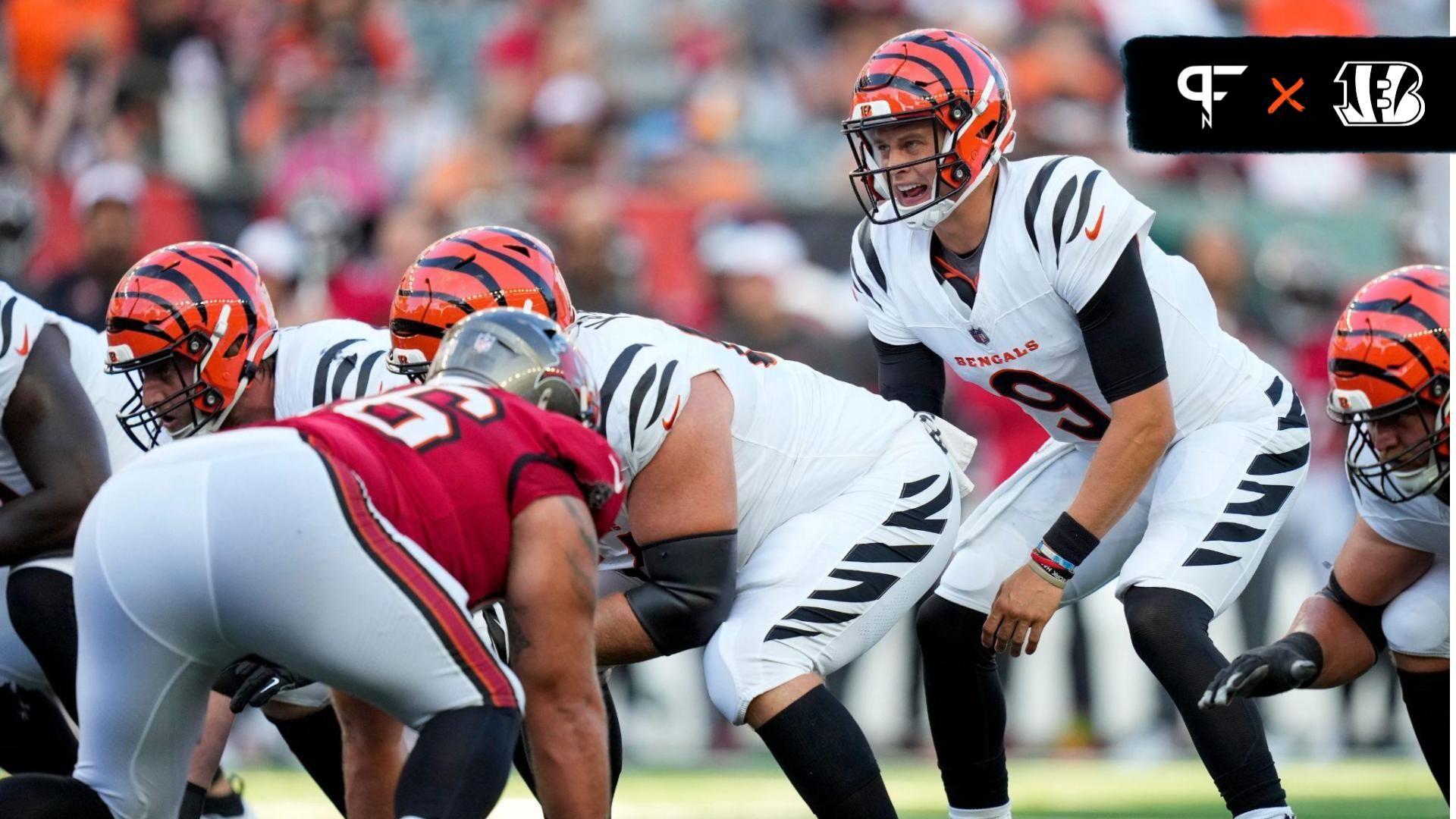 Cincinnati Bengals quarterback Joe Burrow (9) calls out in the first quarter of the NFL Preseason Week 1 game between the Cincinnati Bengals and the Tampa Bay Buccaneers at Paycor Stadium in downtown Cincinnati on Saturday, Aug. 10, 2024.