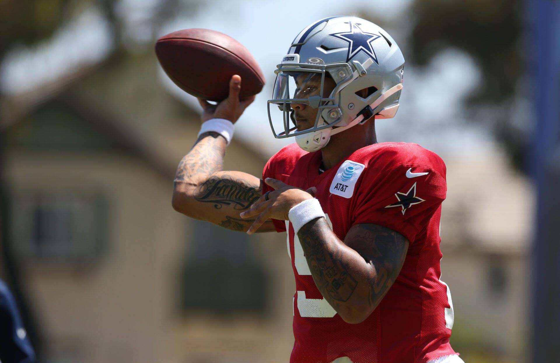 Jul 30, 2024; Oxnard, CA, USA; Dallas Cowboys quarterback Trey Lance (19) throws during training camp at the River Ridge Playing Fields in Oxnard, California. Mandatory Credit: Jason Parkhurst-USA TODAY Sports