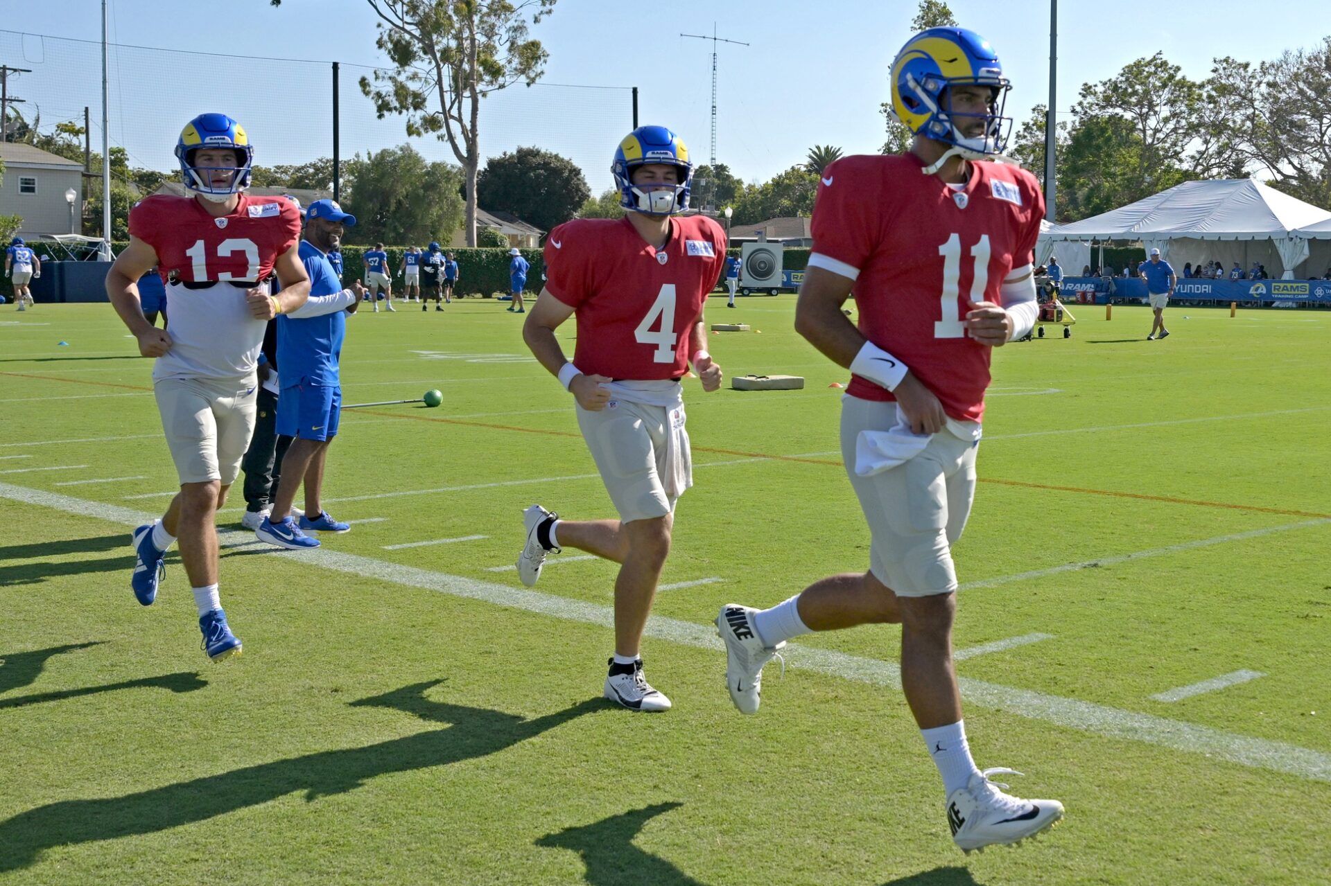 The Los Angeles Rams QB depth chart for the 2024 season includes Stetson Bennett (13), Dresser Winn (4), and Jimmy Garoppolo (11) behind starter Matthew Stafford.