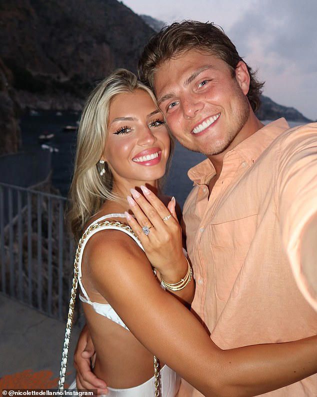 Nicolette Dell'Anno flaunts her ring with fiance Zach Wilson of Denver Broncos.