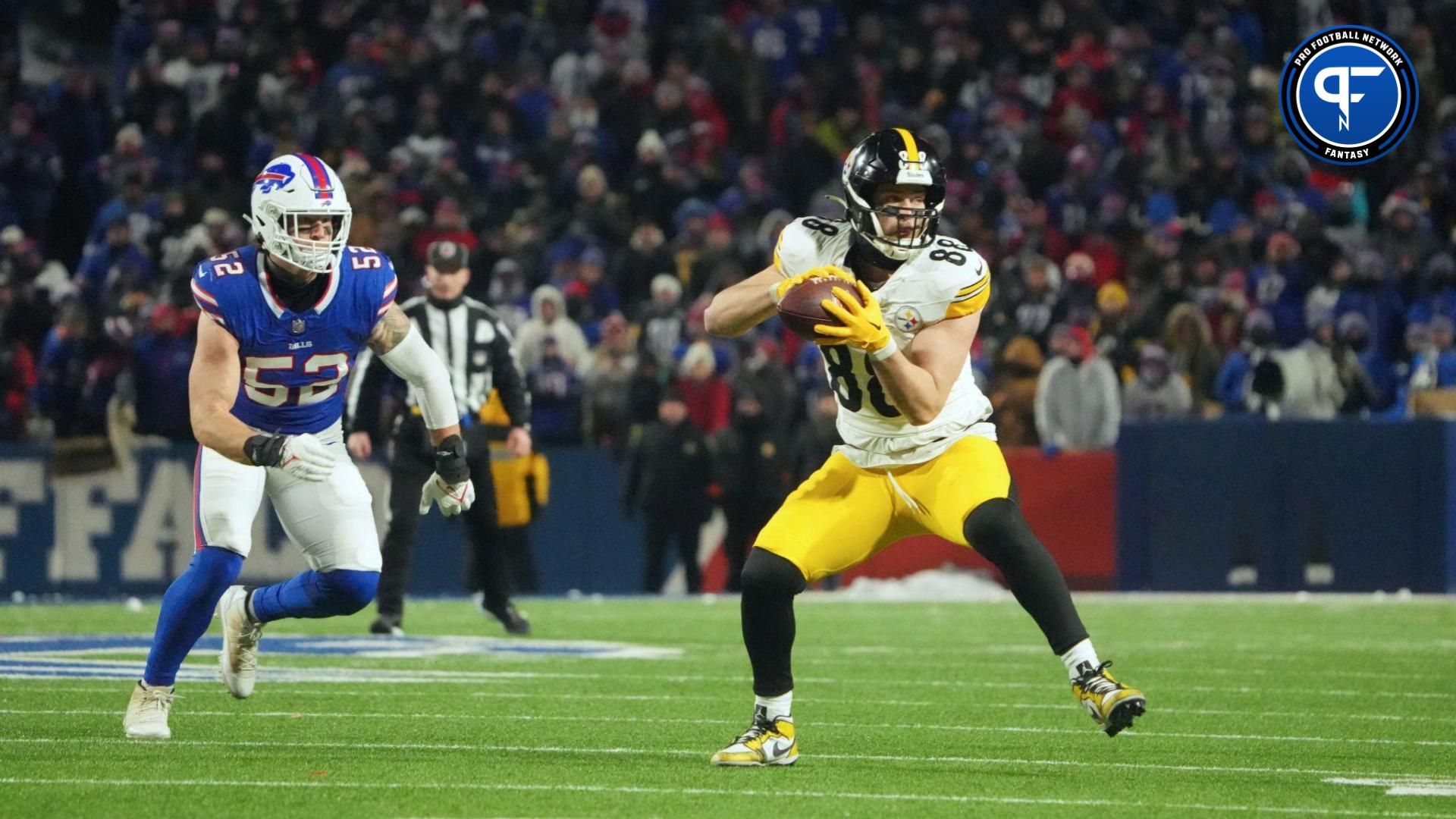 Pittsburgh Steelers tight end Pat Freiermuth (88) makes a catch in the second half against the Buffalo Bills in a 2024 AFC wild card game at Highmark Stadium.