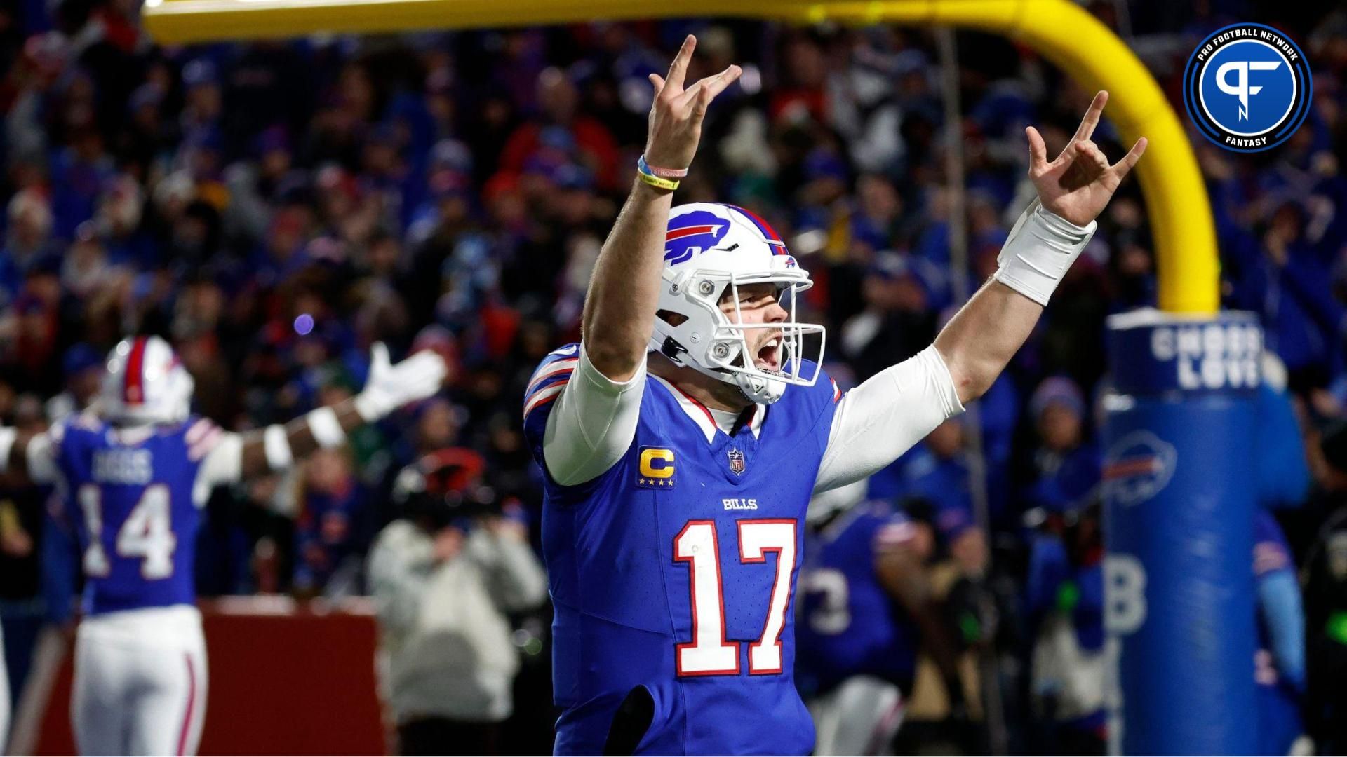 Buffalo Bills quarterback Josh Allen (17) celebrates with fans after his 81 yard touchdown pass to Buffalo Bills wide receiver Khalil Shakir (10). Allen should be a top fantasy player in 2024.