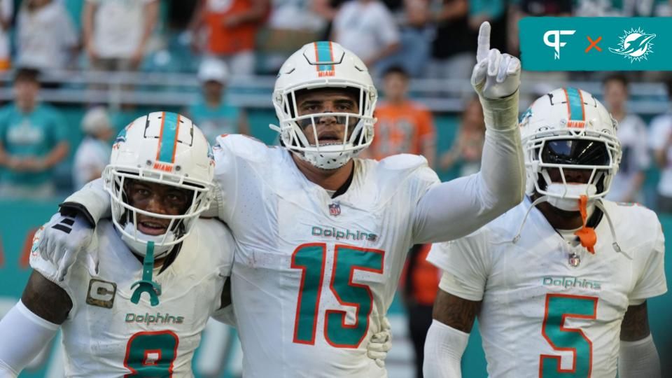 Miami Dolphins linebacker Jaelan Phillips (15) celebrates an interception during the second half of an NFL game against the Las Vegas Raiders with teammates safety Jevon Holland (8) and cornerback Jalen Ramsey (5) at Hard Rock Stadium in Miami Gardens, Nov. 19, 2023.