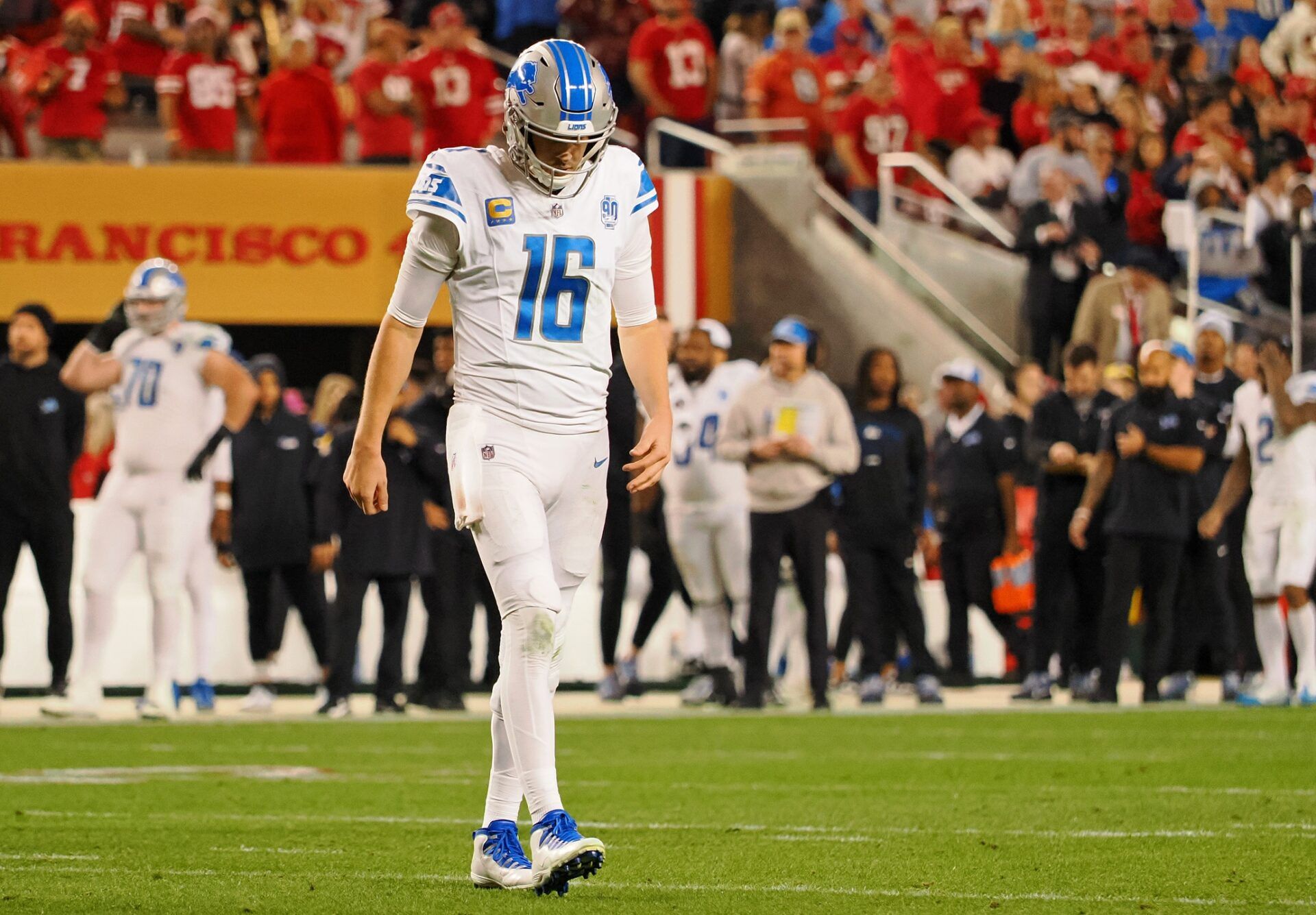 Detroit Lions quarterback Jared Goff (16) reacts after a play against the San Francisco 49ers during the second half of the NFC Championship football game at Levi's Stadium. Mandatory Credit: Kelley L Cox-USA TODAY Sports