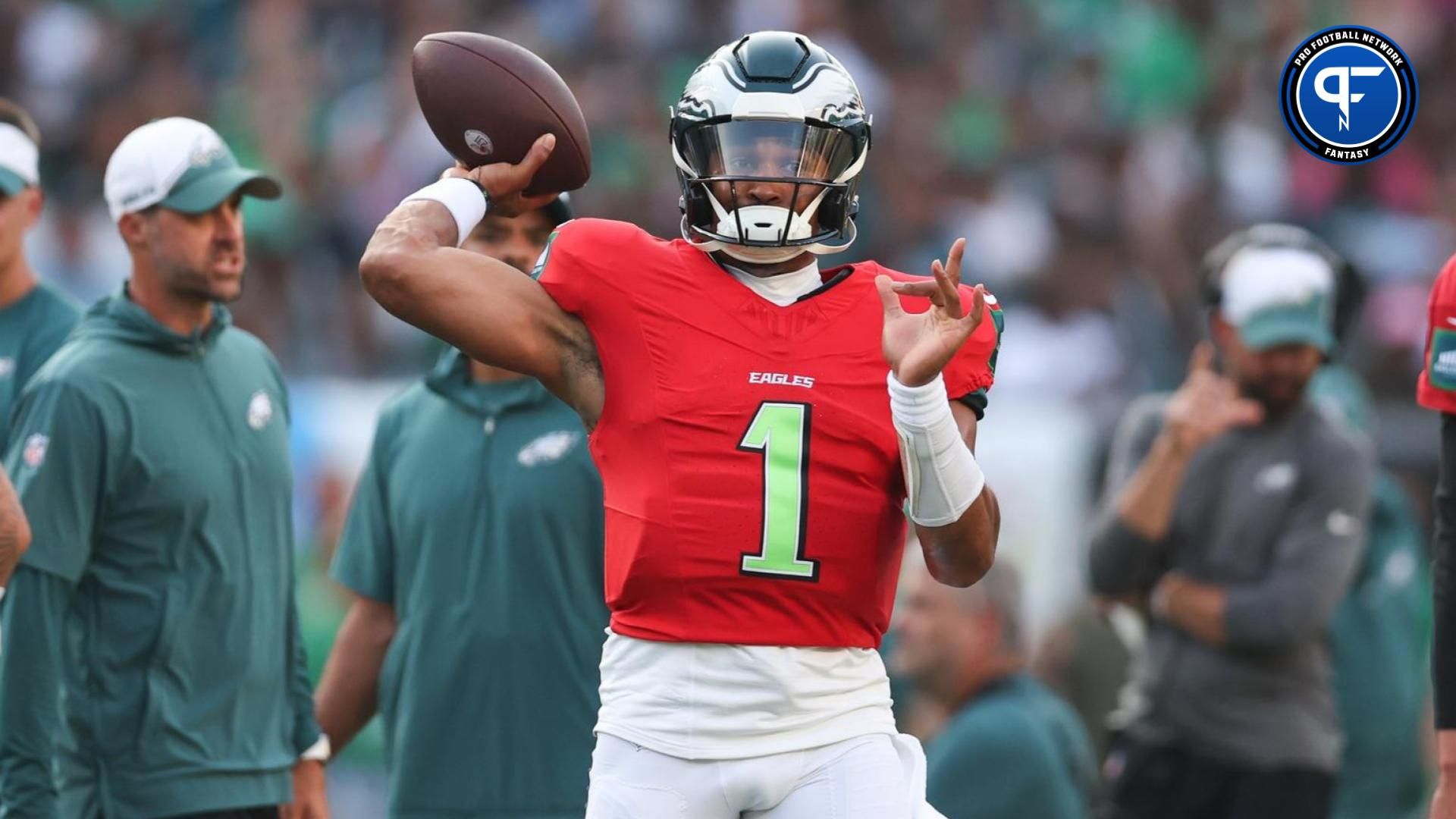 Philadelphia Eagles quarterback Jalen Hurts (1) passes the ball during a training camp practice at Lincoln Financial Field.