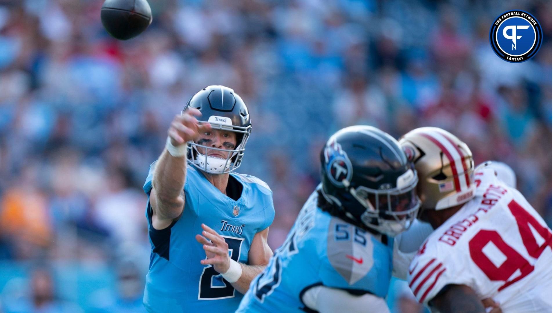 Tennessee Titans quarterback Will Levis (8) throws to Tennessee Titans running back Tony Pollard (20) during their first preseason game of the 2024-25 season at Nissan Stadium Saturday, Aug. 10, 2024. © Denny Simmons / The Tennessean / USA TODAY NETWORK